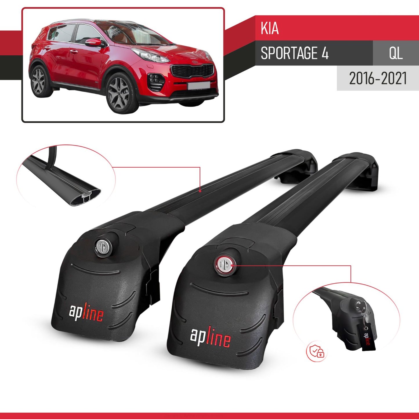 Compatible with Kia Sportage 4 (QL) 2016-2021 ACE-2 Model Car Roof Rack Cross Bar Black Aluminium 2 Bars