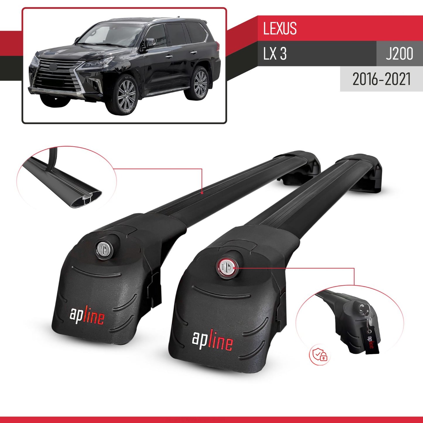 Compatible with Lexus LX 570 (J200) 2016-2021 ACE-2 Model Car Roof Rack Cross Bar Black Aluminium 2 Bars