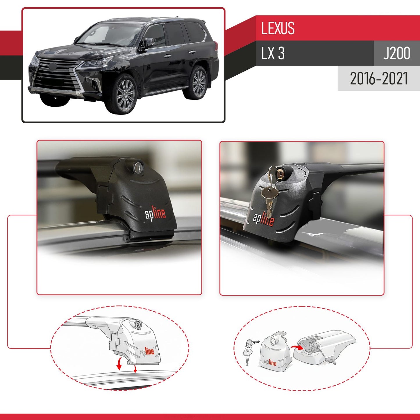Compatible with Lexus LX 570 (J200) 2016-2021 ACE-2 Model Car Roof Rack Cross Bar Black Aluminium 2 Bars