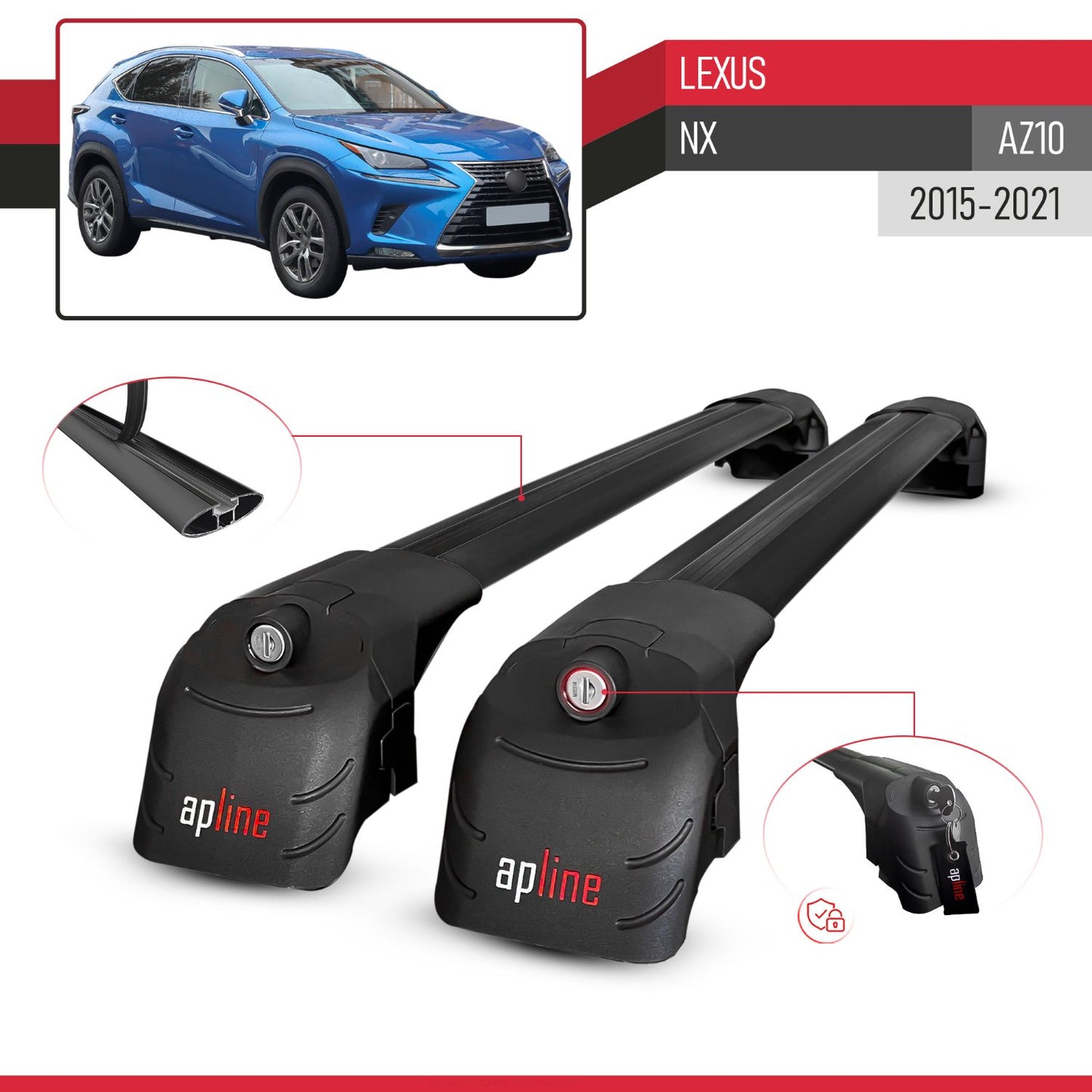 Compatible with Lexus NX 200 NX 300 (AZ10) 2015-2021 ACE-2 Model Car Roof Rack Cross Bar Black Aluminium 2 Bars