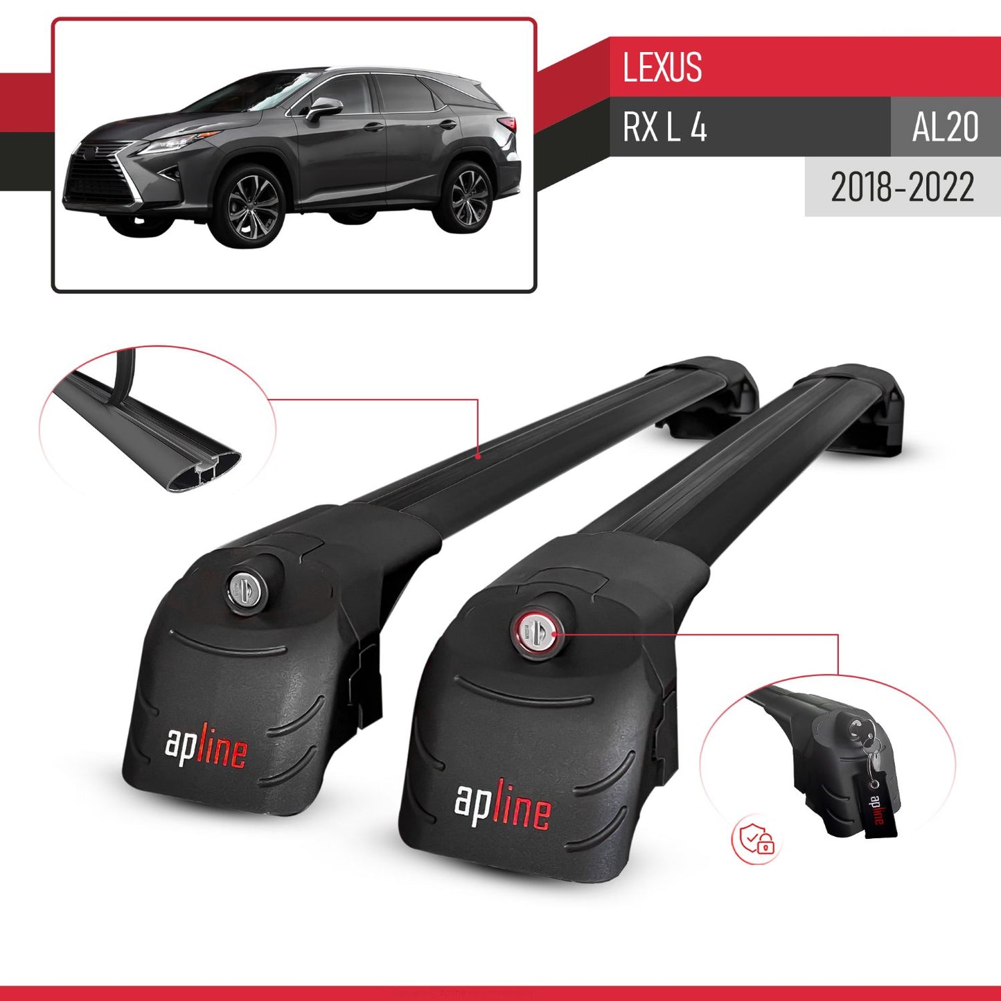 Compatible with Lexus RX 350hL 450L (AL20) 2018-2022 ACE-2 Model Car Roof Rack Cross Bar Black Aluminium 2 Bars
