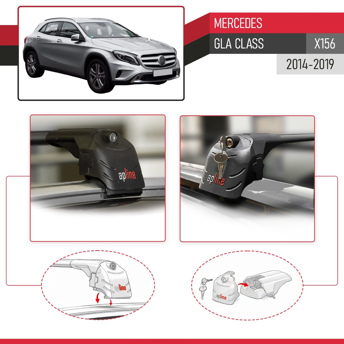 Compatible with Mercedes GLA Class (X156) 2014-2019 ACE-2 Model Car Roof Rack Cross Bar Black Aluminium 2 Bars