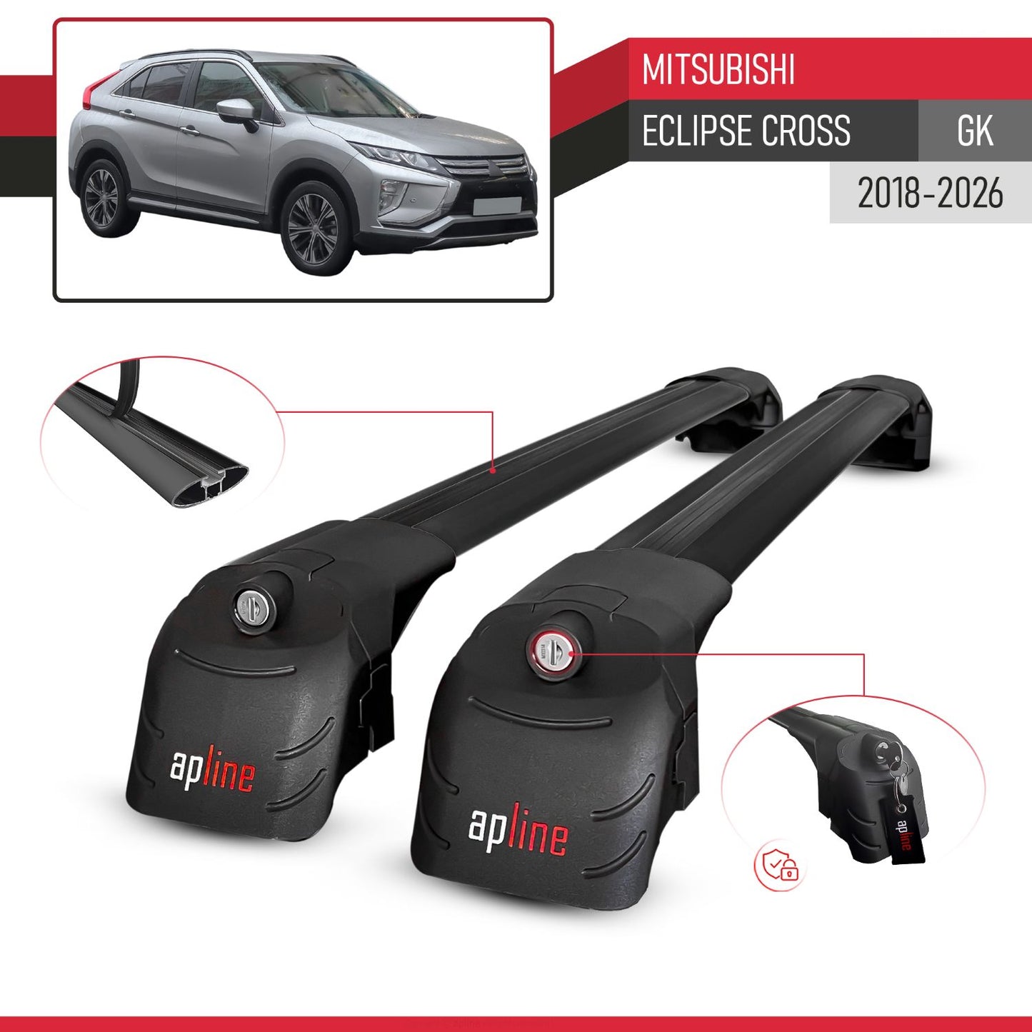 Compatible with Mitsubishi Eclipse Cross (GK) 2018-2026 ACE-2 Model Car Roof Rack Cross Bar Black Aluminium 2 Bars
