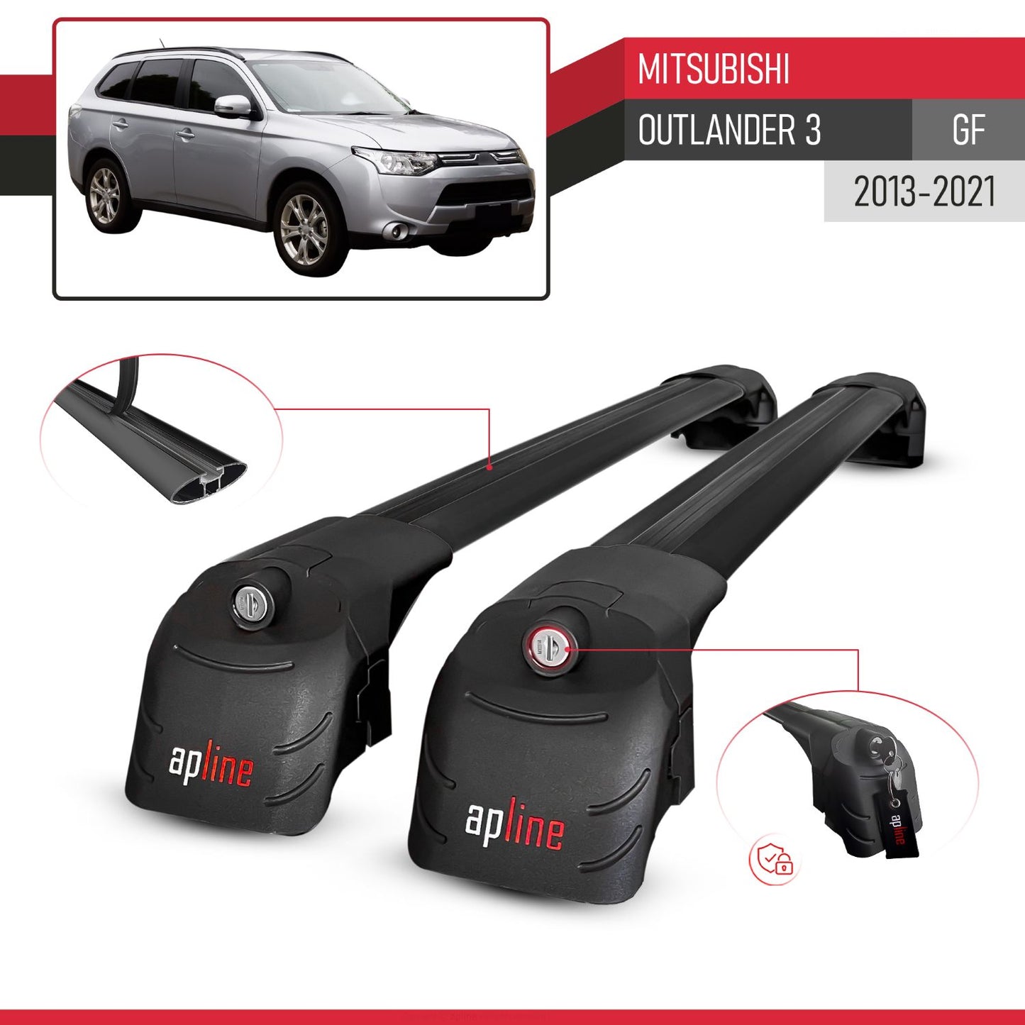 Compatible with Mitsubishi Outlander 3 (GF) 2013-2021 ACE-2 Model Car Roof Rack Cross Bar Black Aluminium 2 Bars