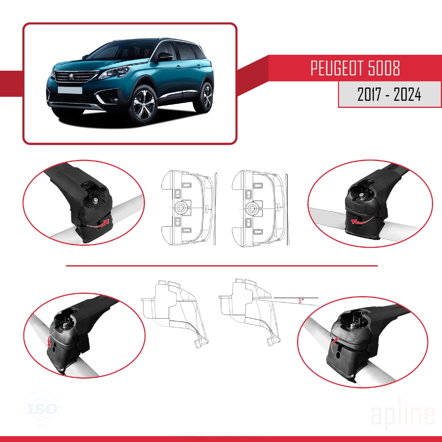 Compatible with Peugeot 5008 II (P87) 2017-2024 ACE-2 Car Roof Rack Cross Bar Black Aluminium 2 Bars