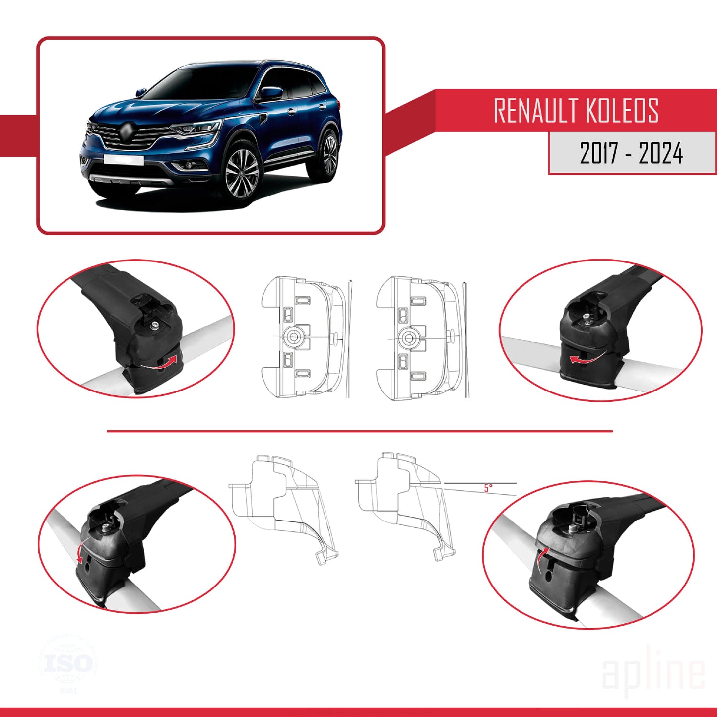 Compatible with Renault Koleos 2 (HC) 2017-2024 ACE-2 Car Roof Rack Cross Bar Black Aluminium 2 Bars