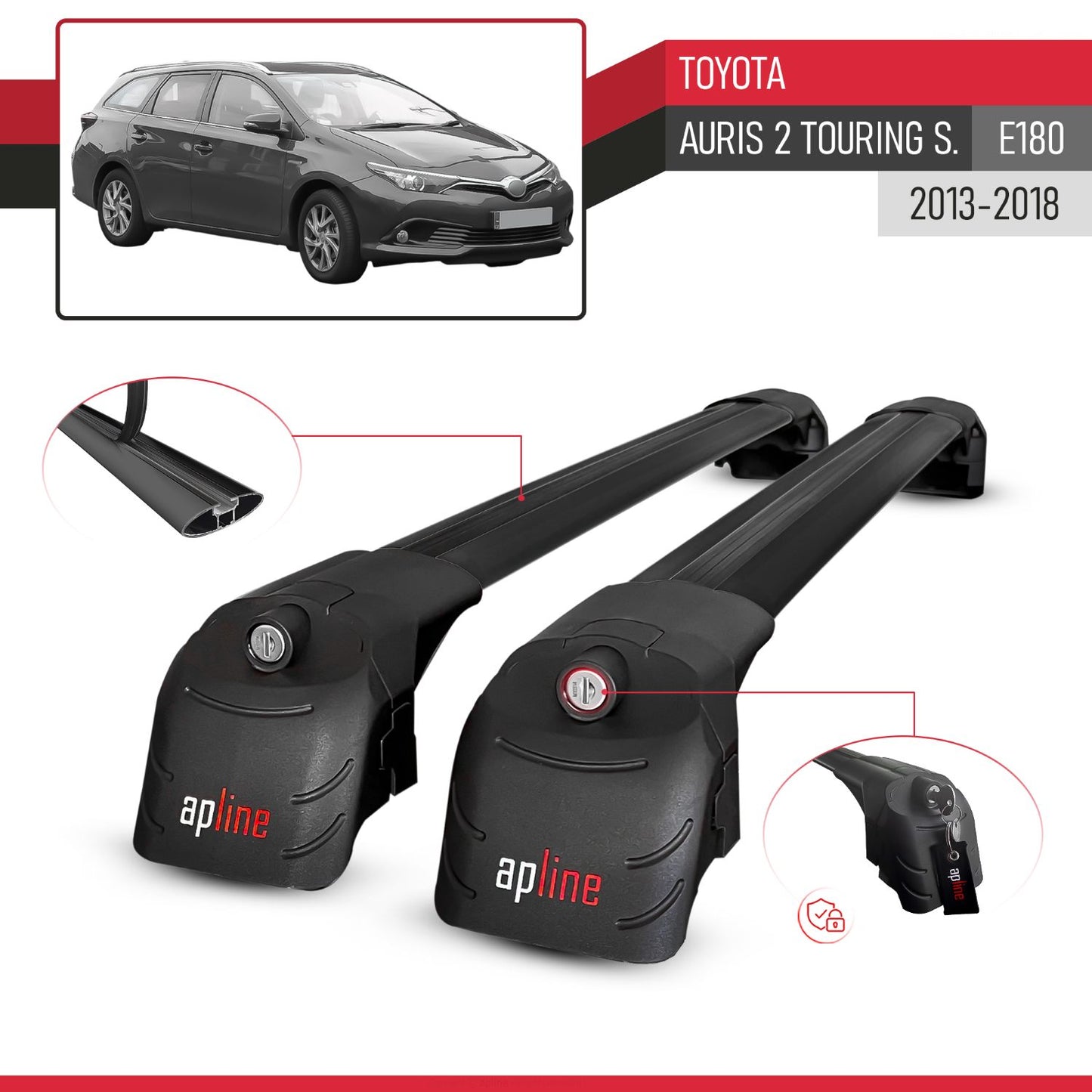 Compatible with Toyota Auris 2 (E180) Touring Sports 2013-2018 ACE-2 Model Car Roof Rack Cross Bar Black Aluminium 2 Bars