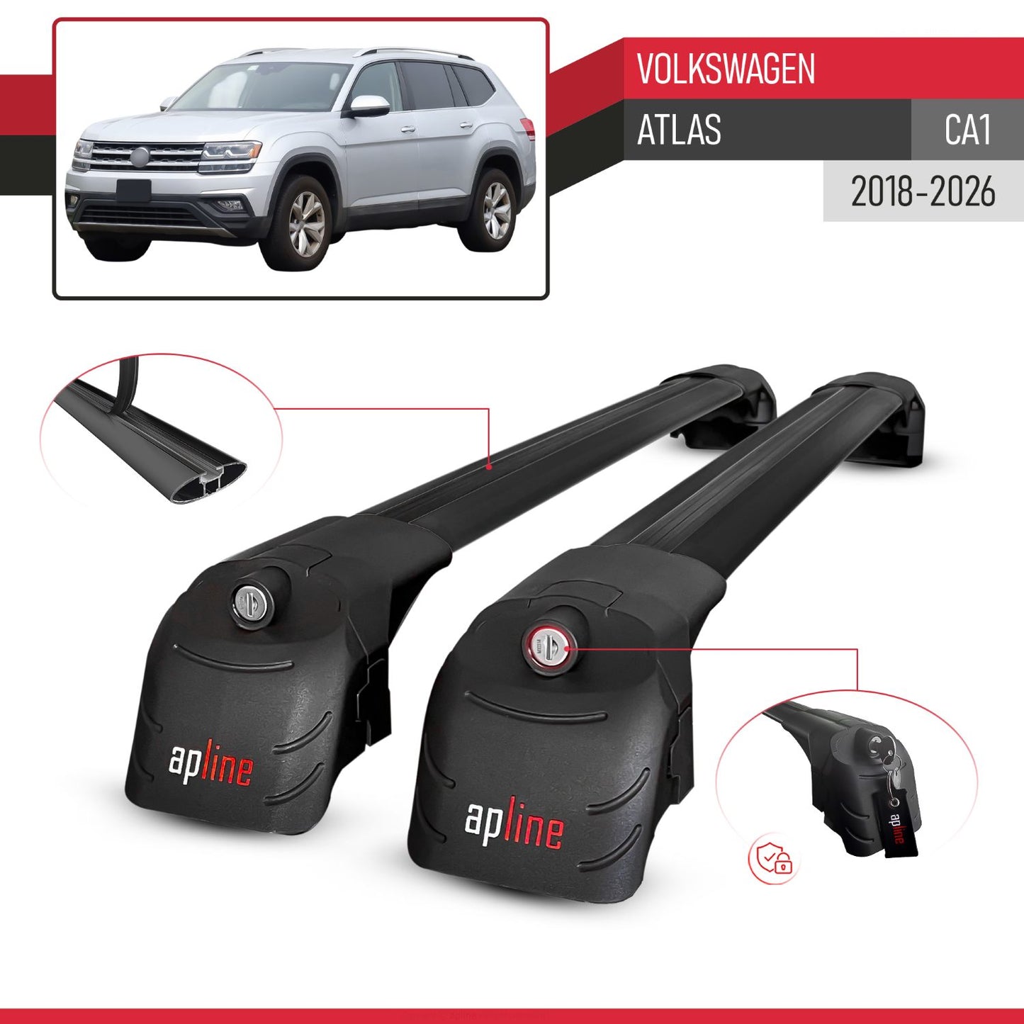 Compatible with Volkswagen Atlas (CA1) 2018-2025 ACE-2 Car Roof Rack Cross Bar Black Aluminium 2 Bars