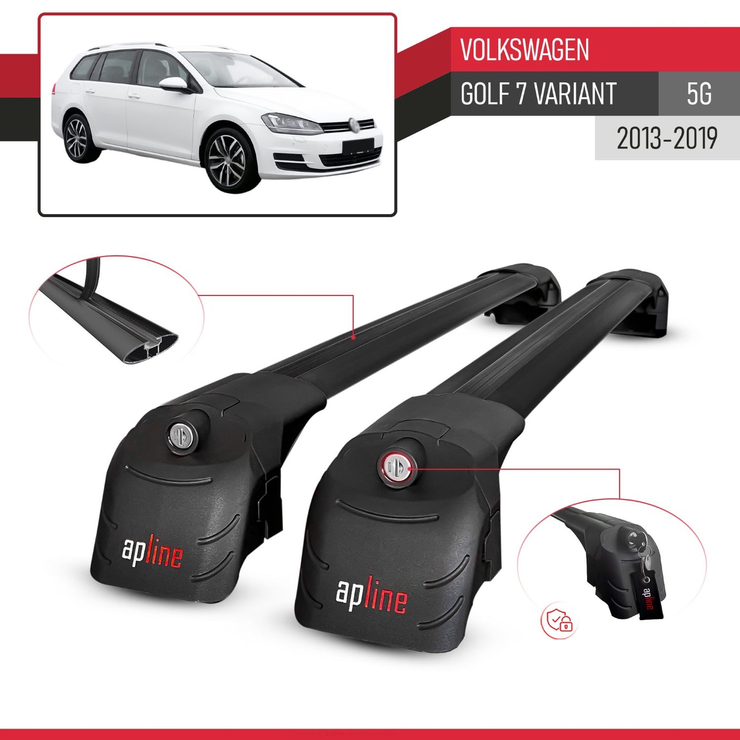 Compatible with Volkswagen Golf 7 (5G) Variant 2013-2019 ACE-2 Model Car Roof Rack Cross Bar Black Aluminium 2 Bars
