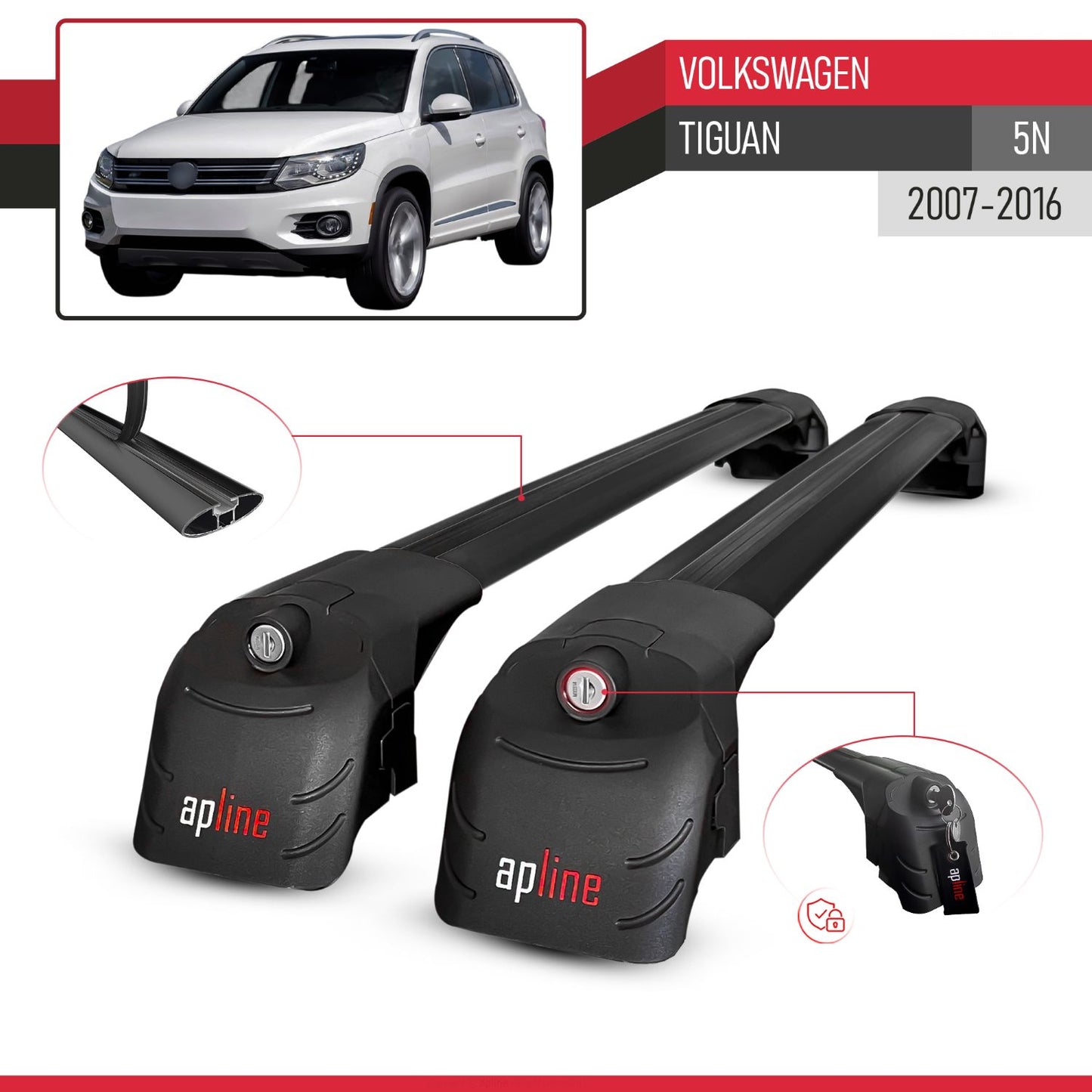 Compatible with Volkswagen Tiguan (5N) 2007-2016 ACE-2 Model Car Roof Rack Cross Bar Black Aluminium 2 Bars