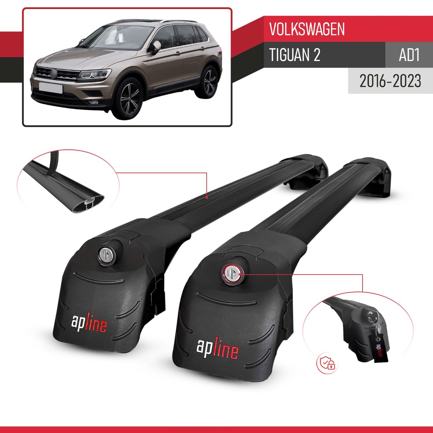 Compatible with Volkswagen Tiguan 2 (AD1) 2016-2023 ACE-2 Model Car Roof Rack Cross Bar Black Aluminium 2 Bars
