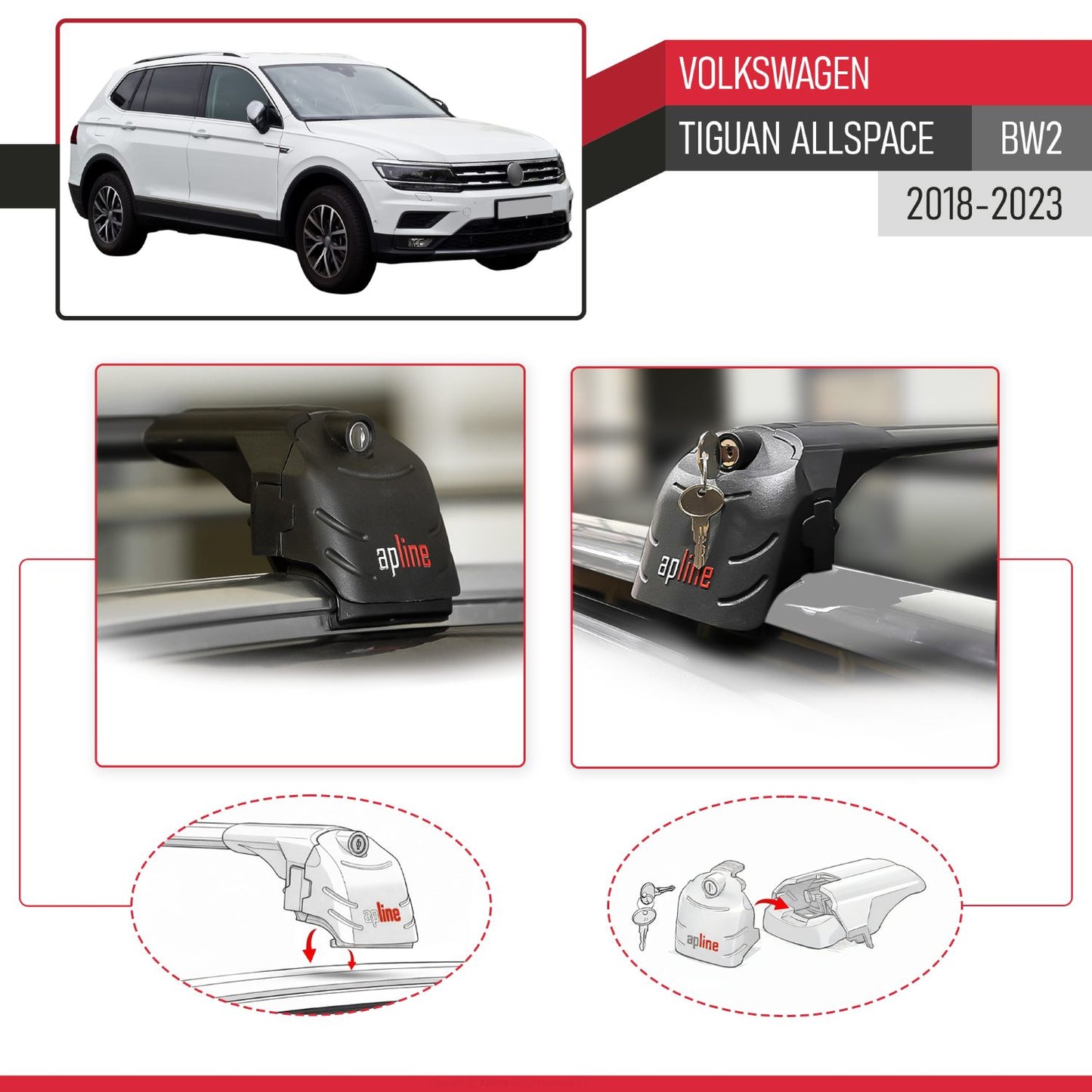 Compatible with Volkswagen Tiguan Allspace (BW2) 2018-2023 ACE-2 Model Car Roof Rack Cross Bar Black Aluminium 2 Bars