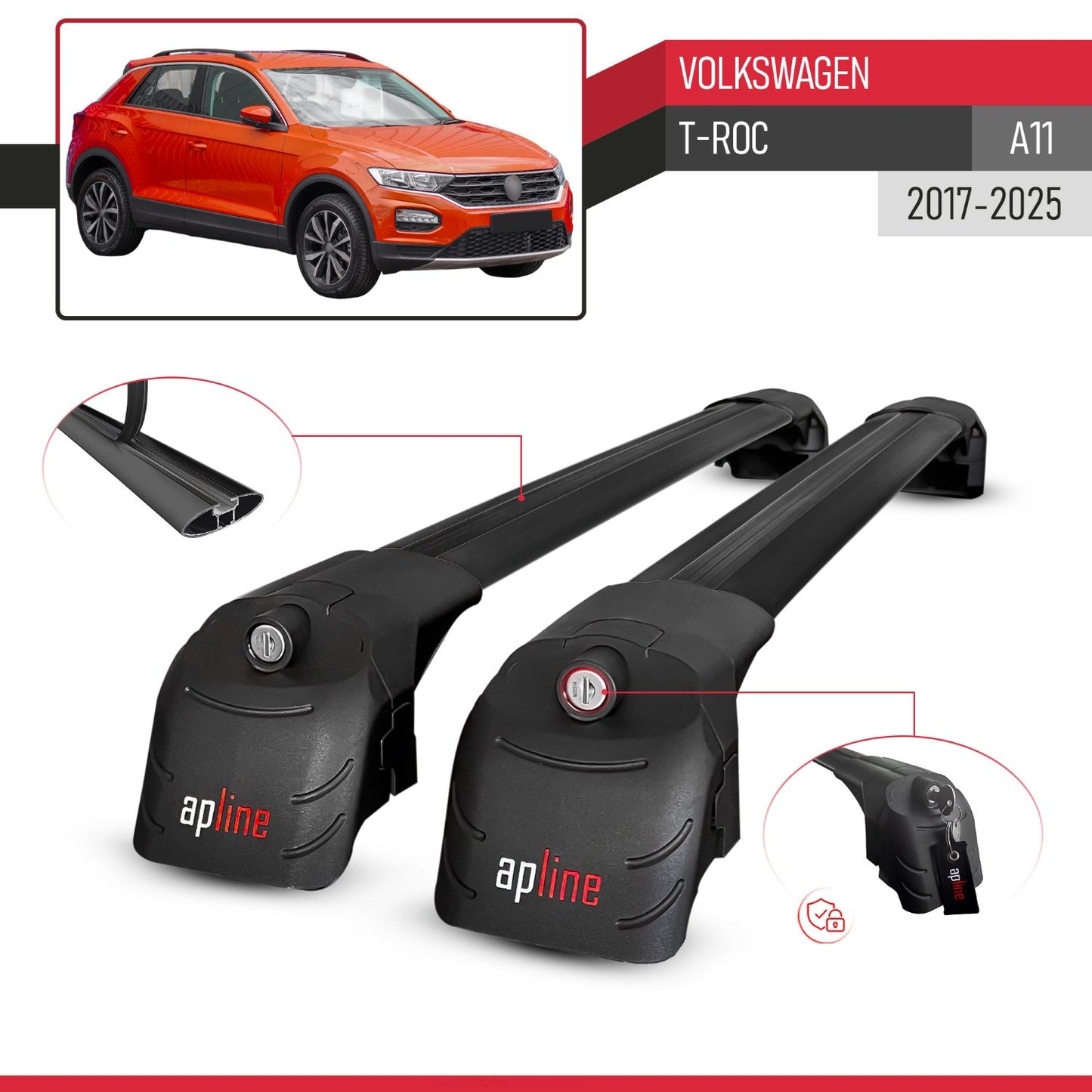 Compatible with Volkswagen T-Roc (A11) 2017-2025 ACE-2 Model Car Roof Rack Cross Bar Black Aluminium 2 Bars