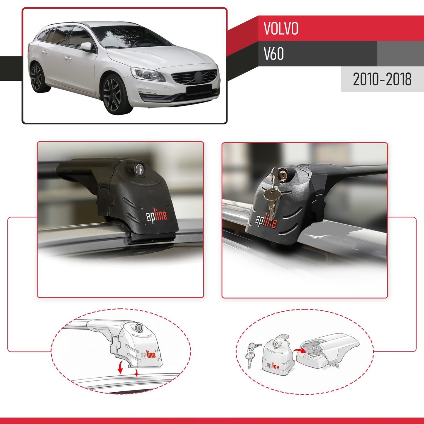Compatible with Volvo V60 2010-2018 ACE-2 Model Car Roof Rack Cross Bar Black Aluminium 2 Bars