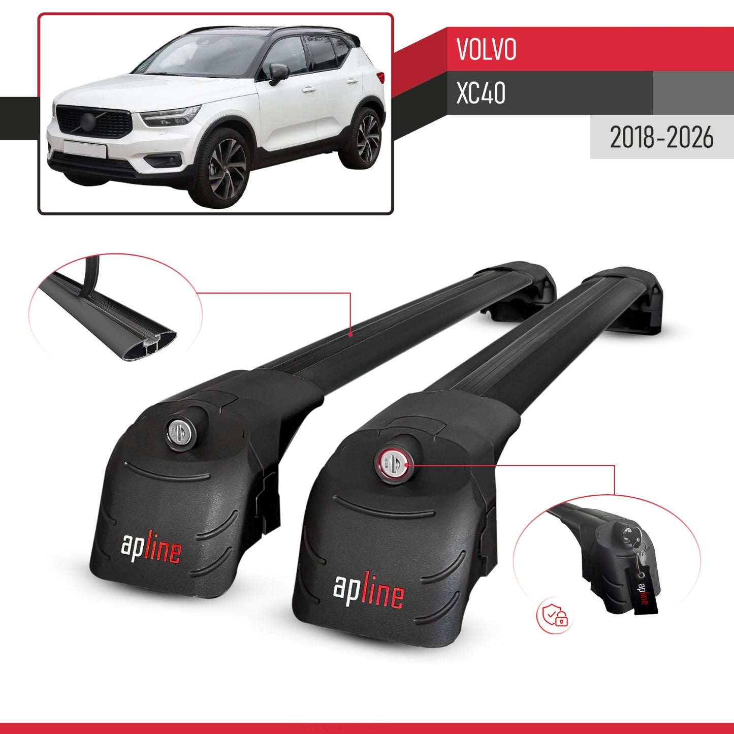 Compatible with Volvo XC40 2018-2026 ACE-2 Model Car Roof Rack Cross Bar Black Aluminium 2 Bars