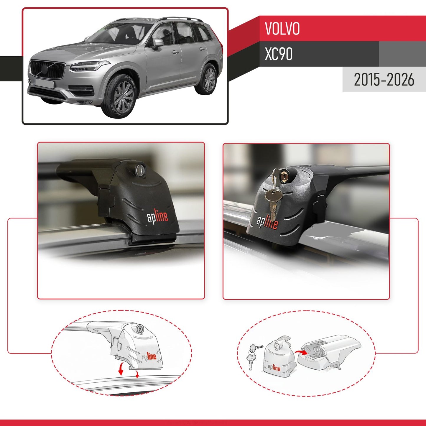 Compatible with Volvo XC90 II 2015-2026 ACE-2 Model Car Roof Rack Cross Bar Black Aluminium 2 Bars
