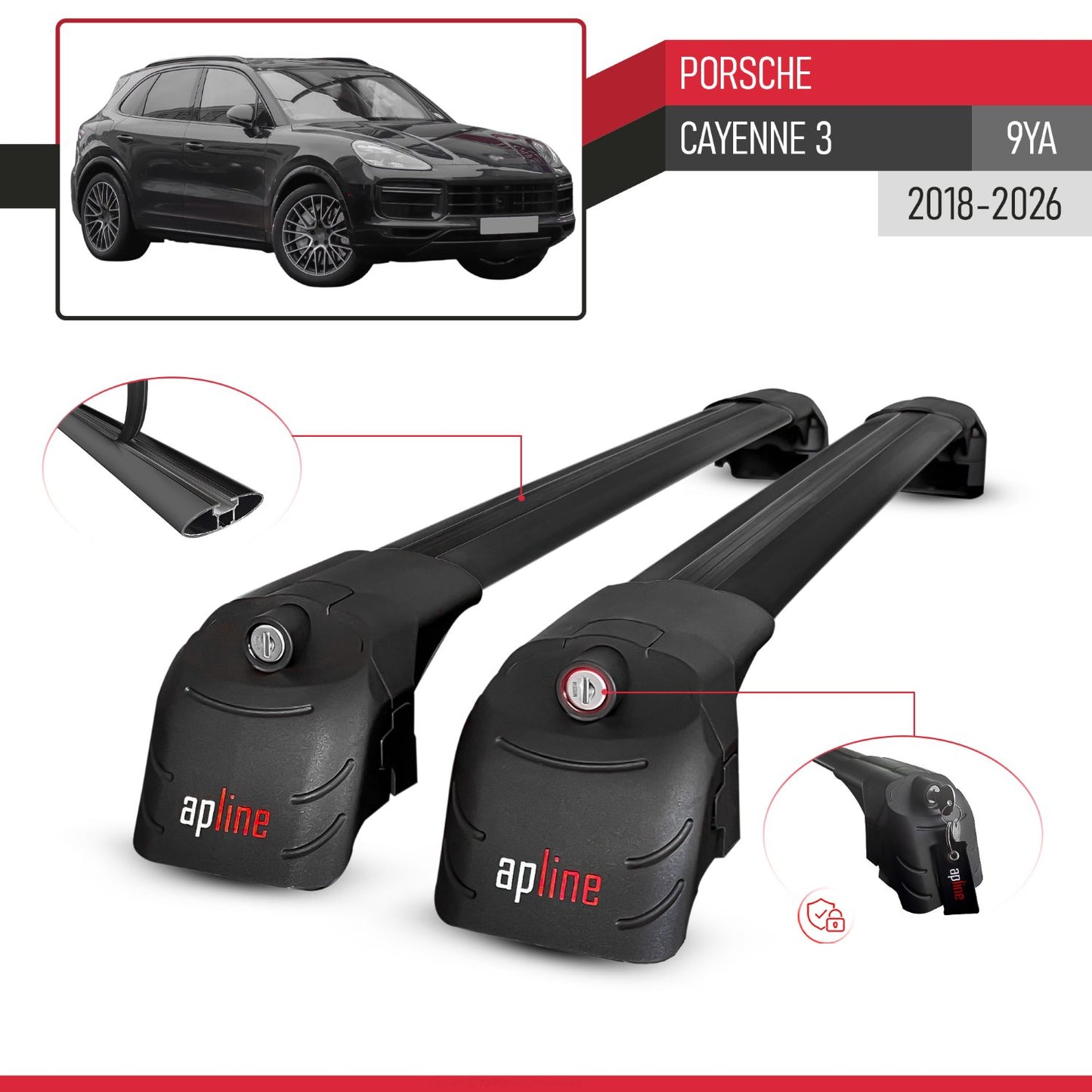 Compatible with Porsche Cayenne 3 (9YA) 2018-2026 ACE-2 Model Car Roof Rack Cross Bar Black Aluminium 2 Bars