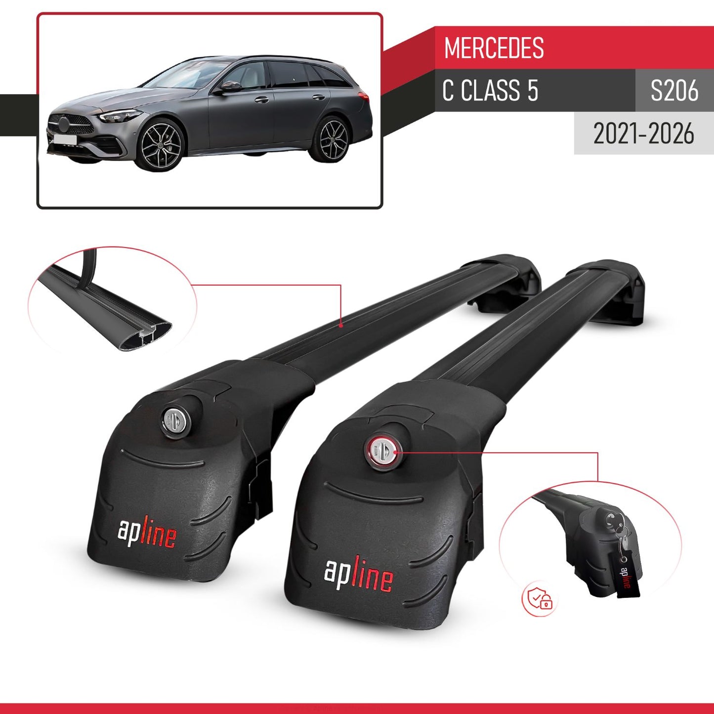 Compatible with Mercedes C Class 5 (S206) 2021-2026 ACE-2 Model Car Roof Rack Cross Bar Black Aluminium 2 Bars