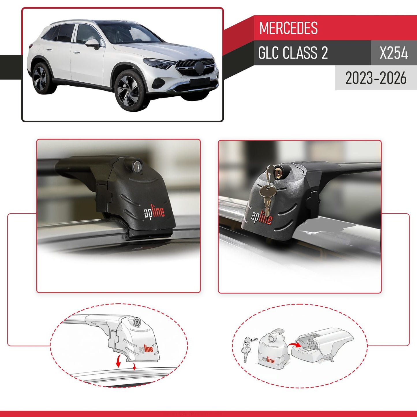 Compatible with Mercedes GLC Class 2 (X254) 2023-2026 ACE-2 Model Car Roof Rack Cross Bar Black Aluminium 2 Bars