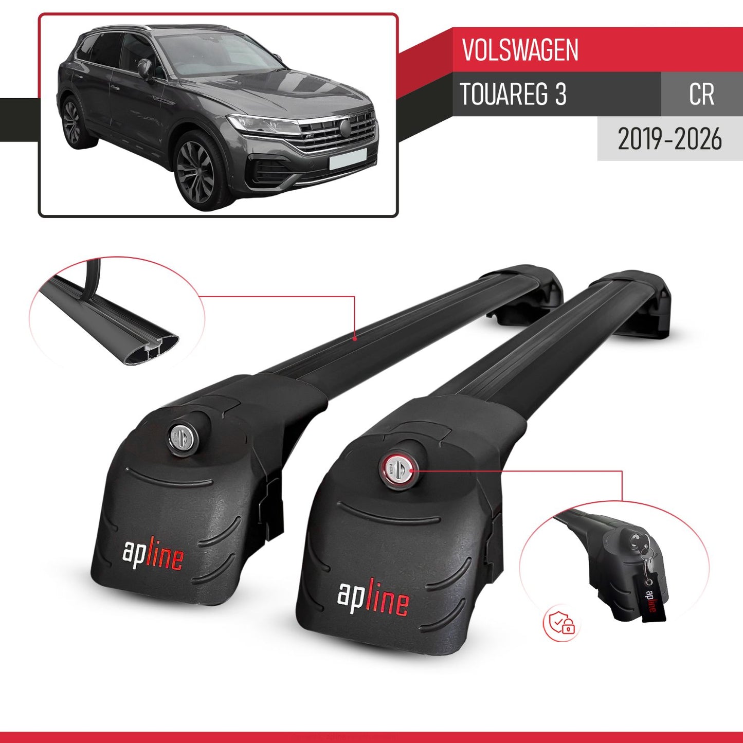 Compatible with Volkswagen Touareg 3 (CR) 2019-2026 ACE-2 Model Car Roof Rack Cross Bar Black Aluminium 2 Bars