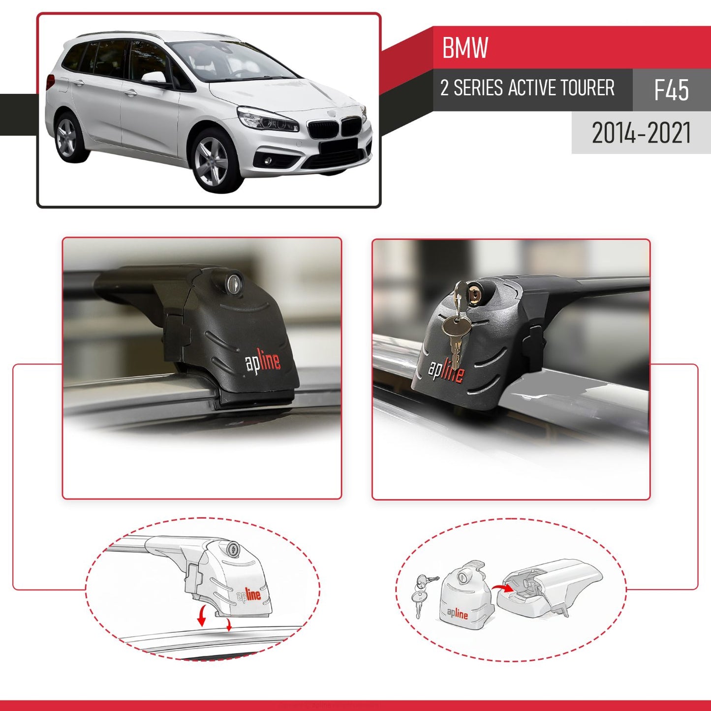 Compatible with BMW 2 Series (F45) Active Tourer 2014-2021 ACE-2 Model Car Roof Rack Cross Bar Black Aluminium 2 Bars