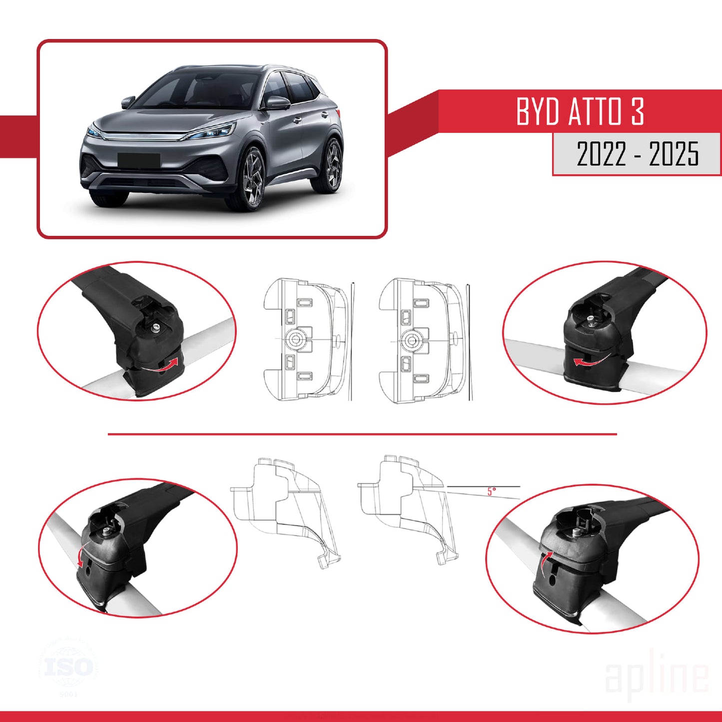 Compatible with BYD Atto 3 2022-2025 ACE-2 Car Roof Rack Cross Bar Black Aluminium 2 Bars