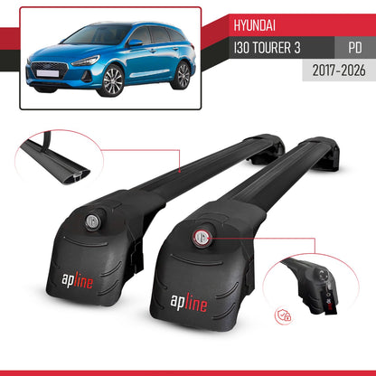Compatible with Hyundai i30 Tourer 3 (PD) 2017-2026 ACE-2 Model Car Roof Rack Cross Bar Black Aluminium 2 Bars