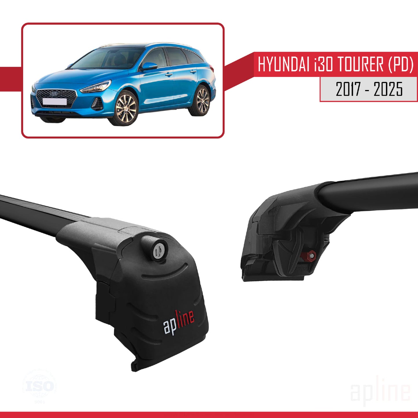 Compatible with Hyundai i30 3 (PD) Tourer 2017-2025 ACE-2 Car Roof Rack Cross Bar Black Aluminium 2 Bars