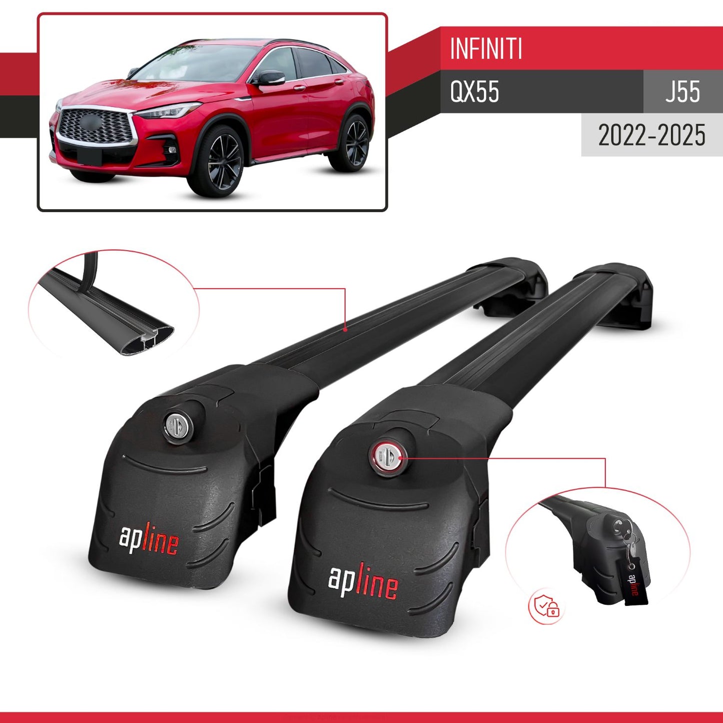 Compatible with Infiniti QX55 (J55) 2022-2025 ACE-2 Model Car Roof Rack Cross Bar Black Aluminium 2 Bars