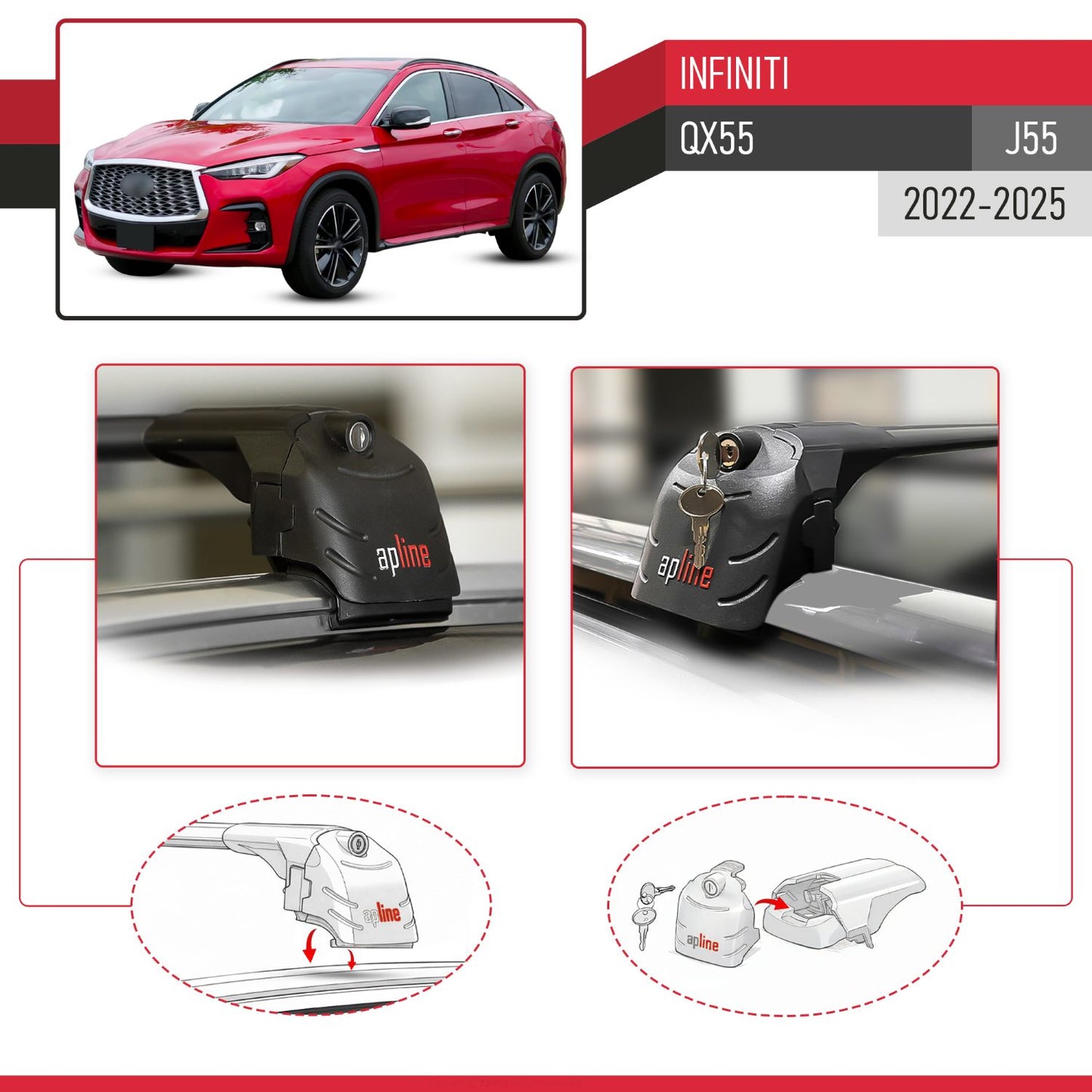 Compatible with Infiniti QX55 (J55) 2022-2025 ACE-2 Model Car Roof Rack Cross Bar Black Aluminium 2 Bars
