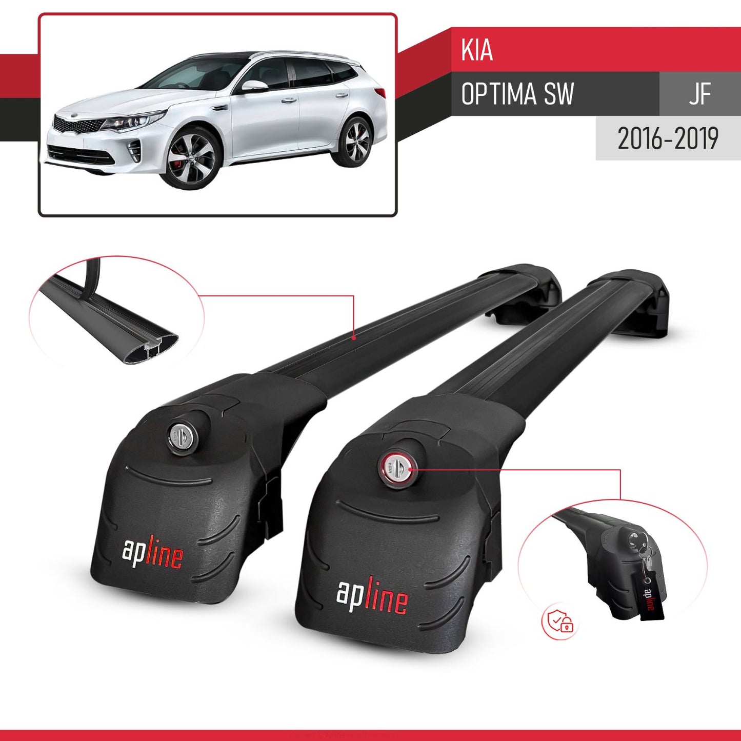 Compatible with Kia Optima (JF) SW 2016-2019 ACE-2 Model Car Roof Rack Cross Bar Black Aluminium 2 Bars