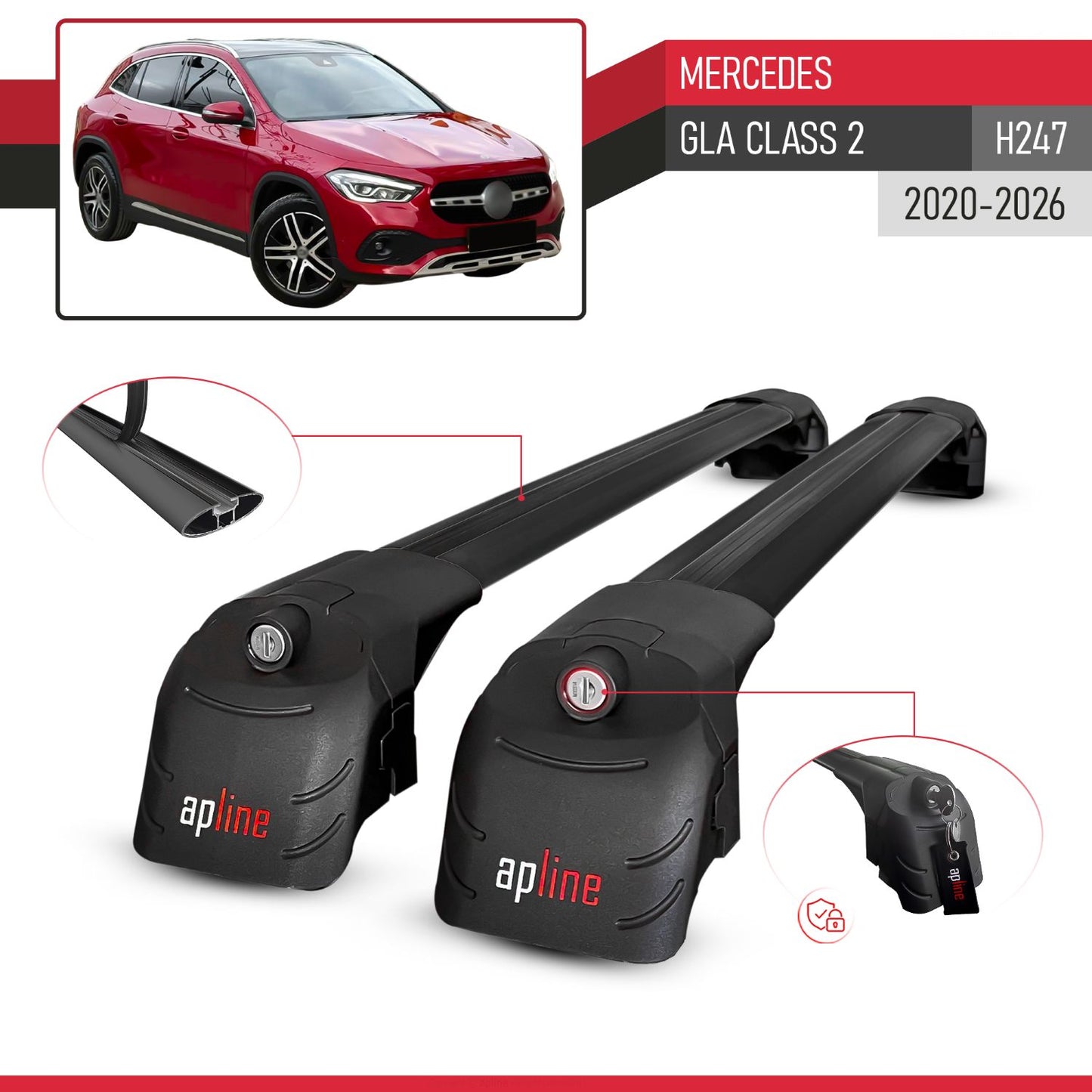 Compatible with Mercedes GLA Class 2 (H247) 2020-2026 ACE-2 Model Car Roof Rack Cross Bar Black Aluminium 2 Bars
