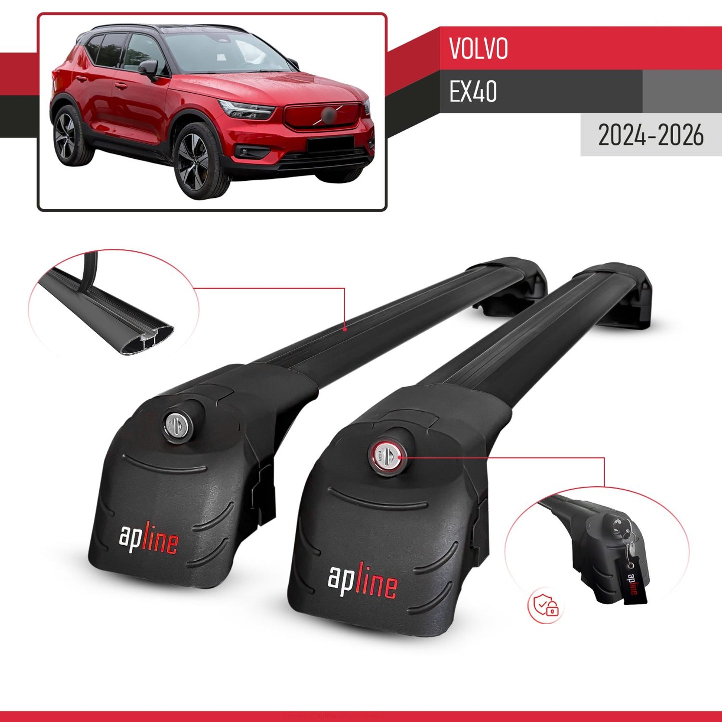 Compatible with Volvo EX40 2024-2026 ACE-2 Model Car Roof Rack Cross Bar Black Aluminium 2 Bars