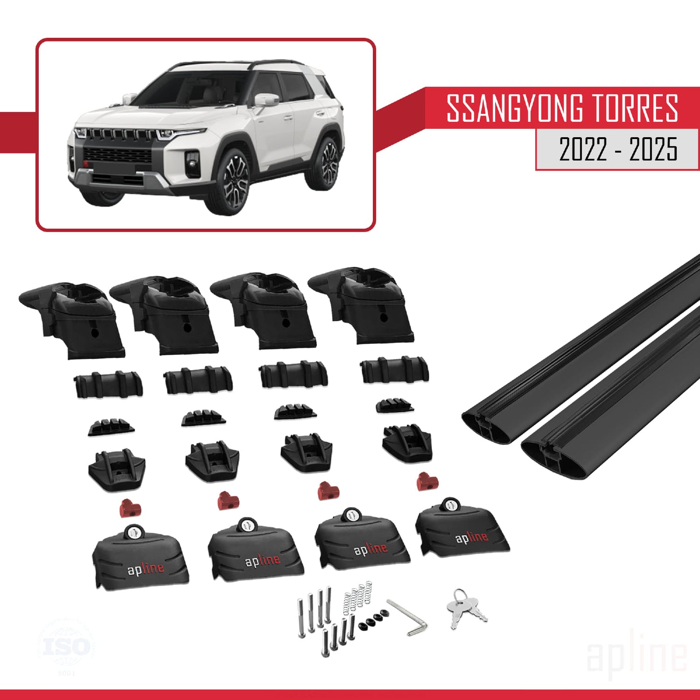 Compatible with SsangYong Torres 2022-2025 ACE-2 Car Roof Rack Cross Bar Black Aluminium 2 Bars