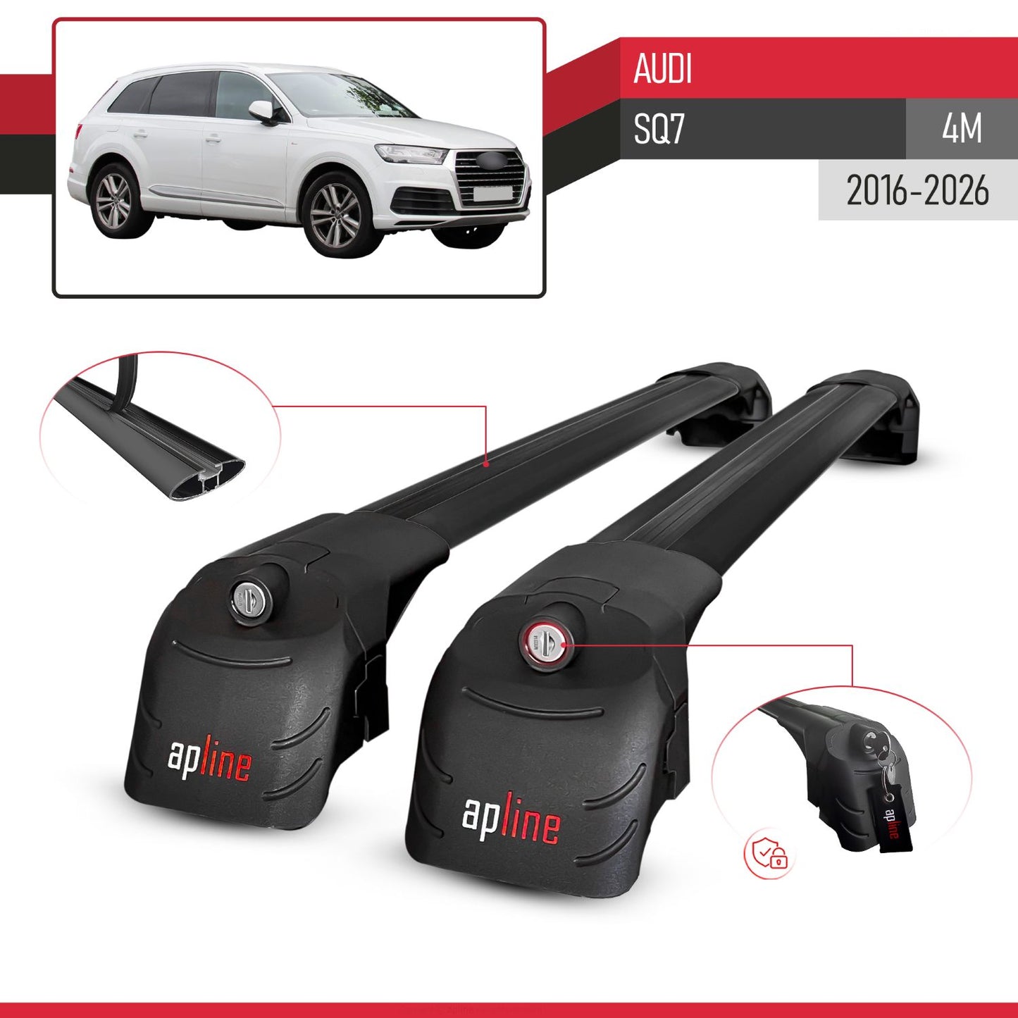 Compatible with Audi SQ7 (4M) 2016-2026 ACE-2 Model Car Roof Rack Cross Bar Black Aluminium 2 Bars