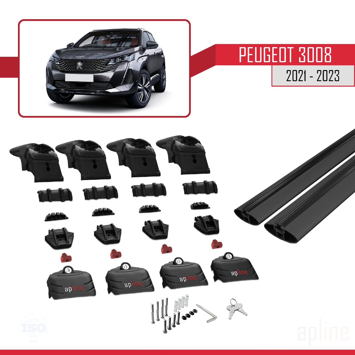 Compatible with Peugeot 3008 II (P84) Post-Facelift 2021-2023 ACE-2 Car Roof Rack Cross Bar Black Aluminium 2 Bars