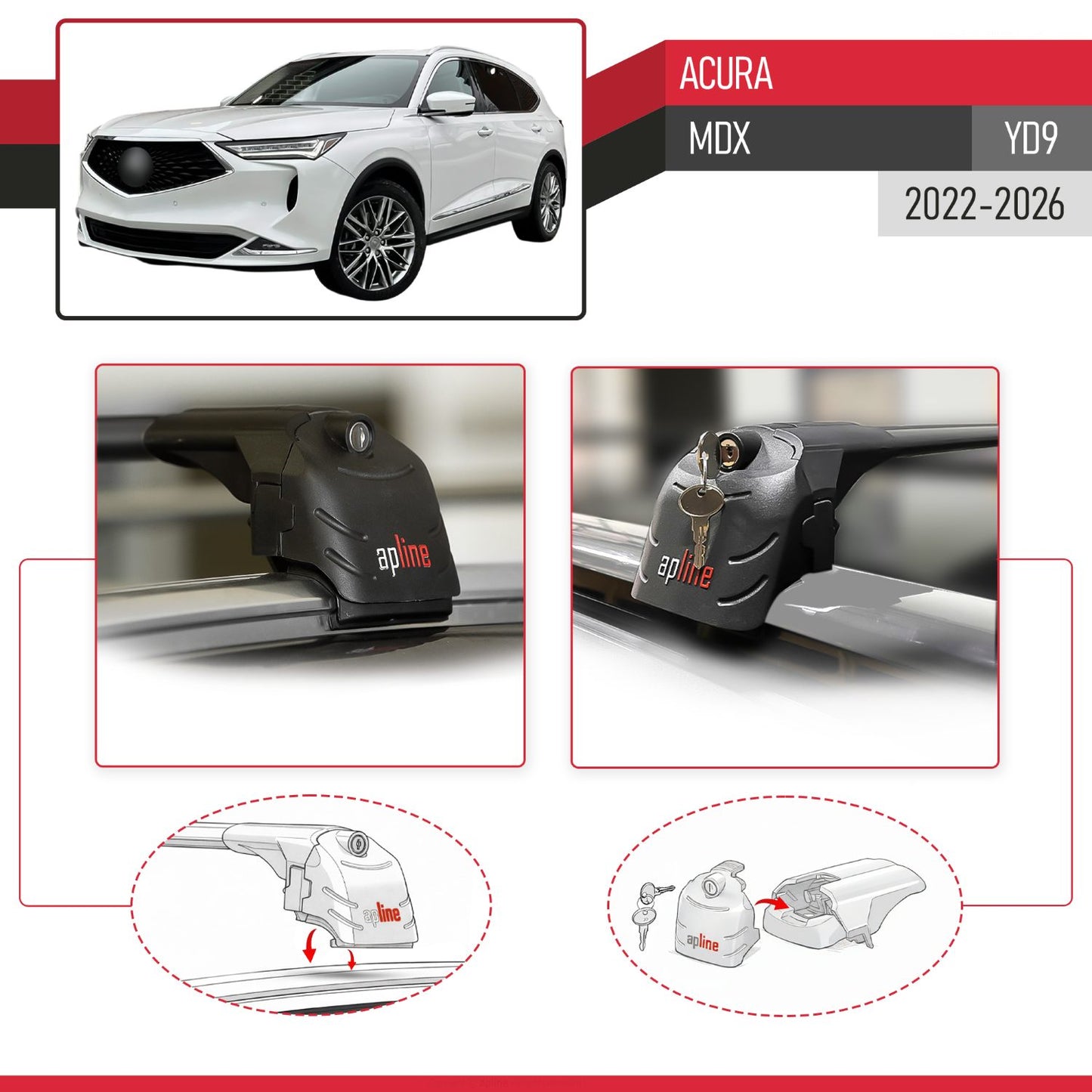 Compatible with Acura MDX 2022-2026 (YD9) ACE-2 Model Car Roof Rack Cross Bar Black Aluminium 2 Bars