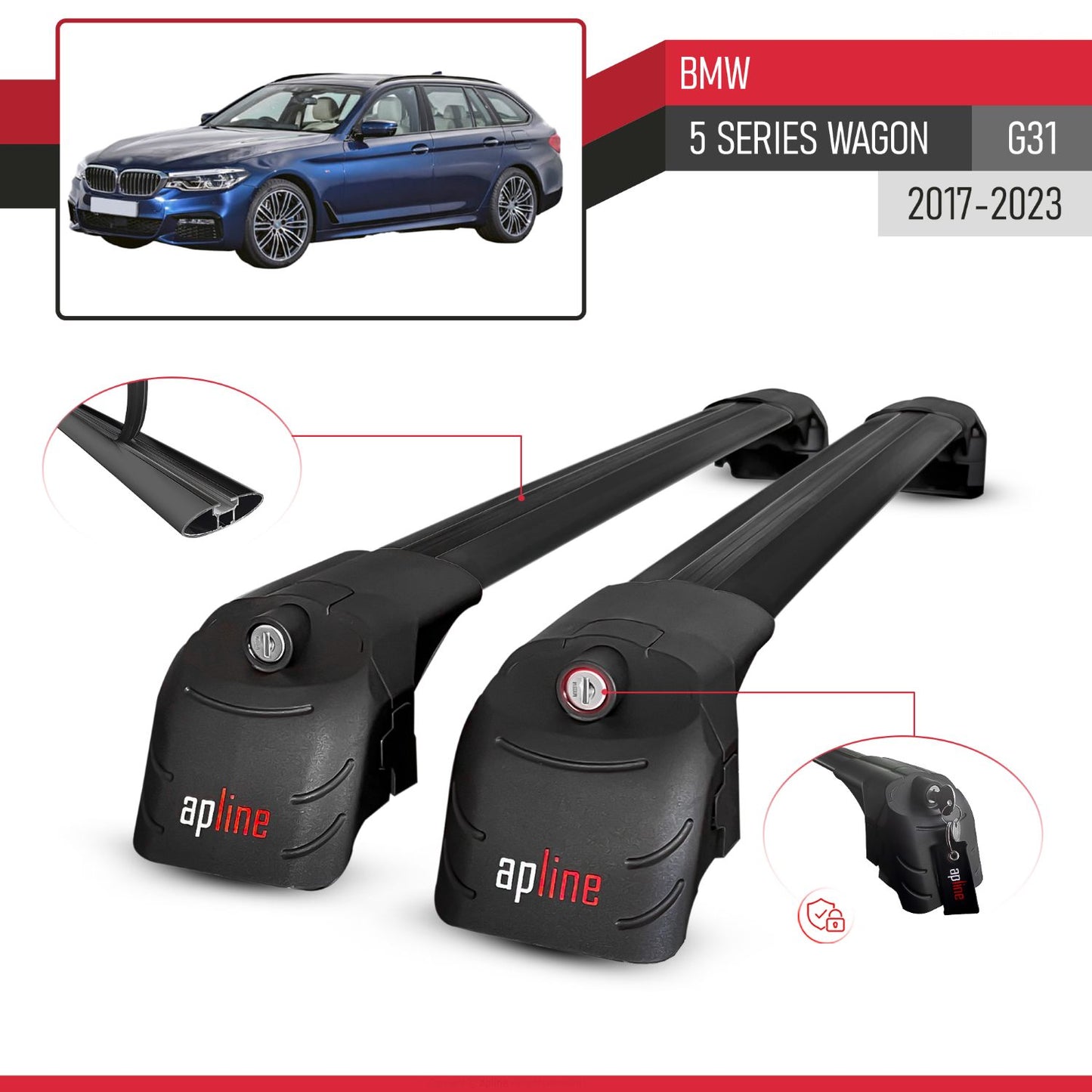 Compatible with BMW 5 Series (G31) Wagon 2017-2023 ACE-2 Model Car Roof Rack Cross Bar Black Aluminium 2 Bars