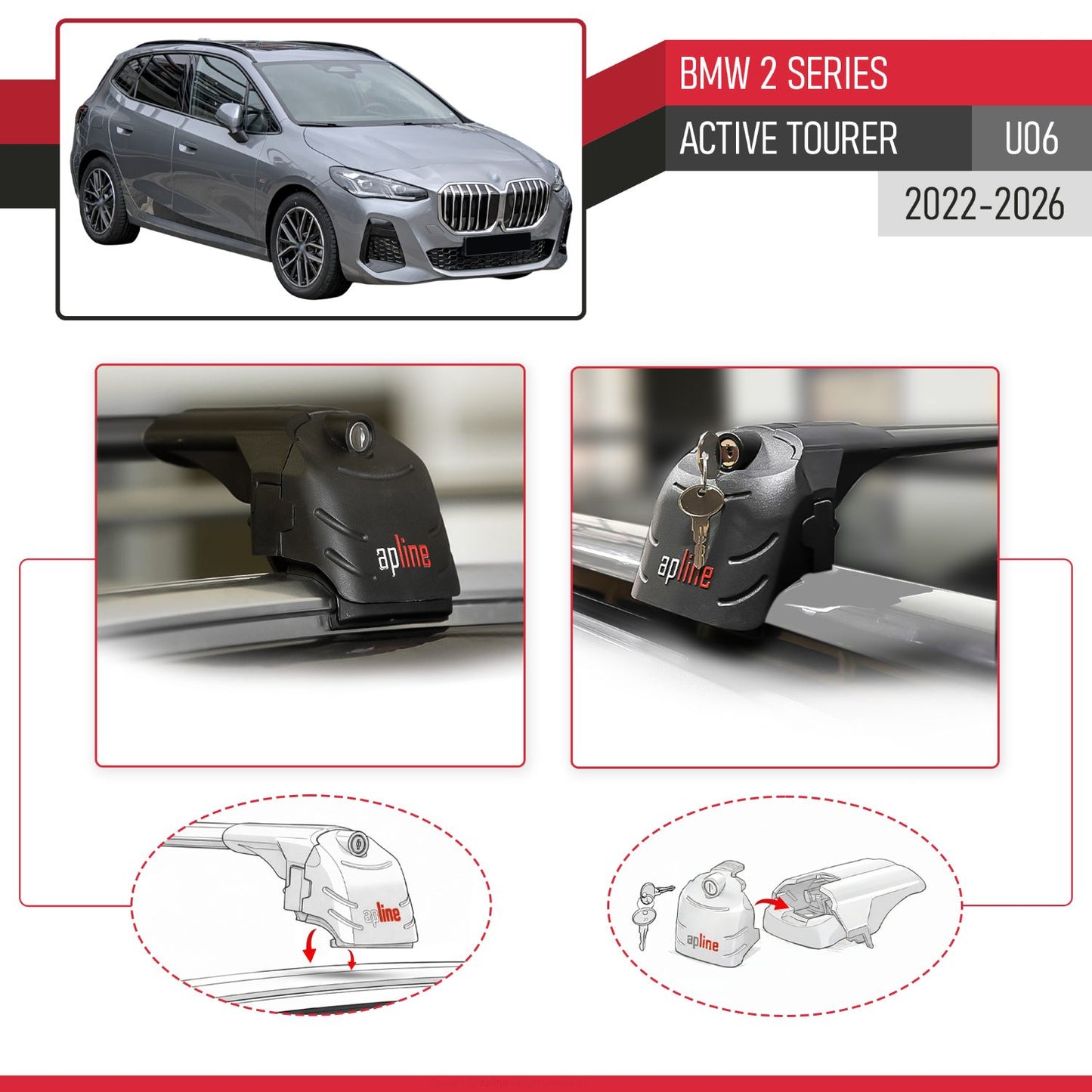 Compatible with BMW 2 Series (U06) Active Tourer 2022-2026 ACE-2 Model Car Roof Rack Cross Bar Black Aluminium 2 Bars