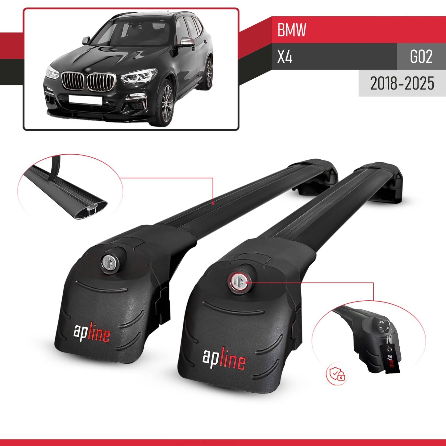 Compatible with BMW X4 (G02) 2018-2025 ACE-2 Model Car Roof Rack Cross Bar Black Aluminium 2 Bars