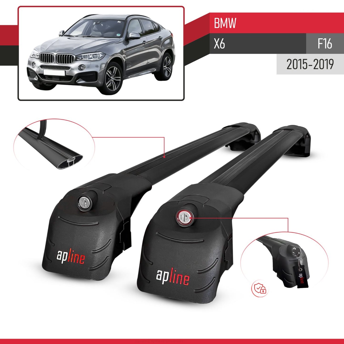 Compatible with BMW X6 (F16) 2015-2019 ACE-2 Model Car Roof Rack Cross Bar Black Aluminium 2 Bars