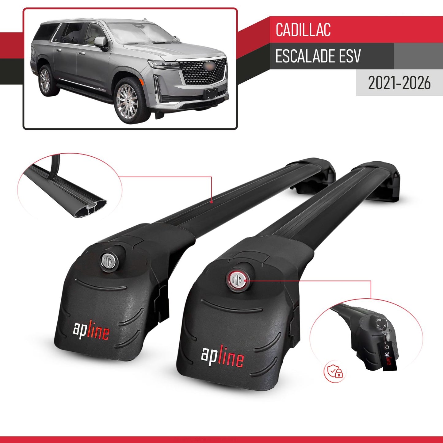 Compatible with Cadillac Escalade ESV 2021-2026 ACE-2 Model Car Roof Rack Cross Bar Black Aluminium 2 Bars