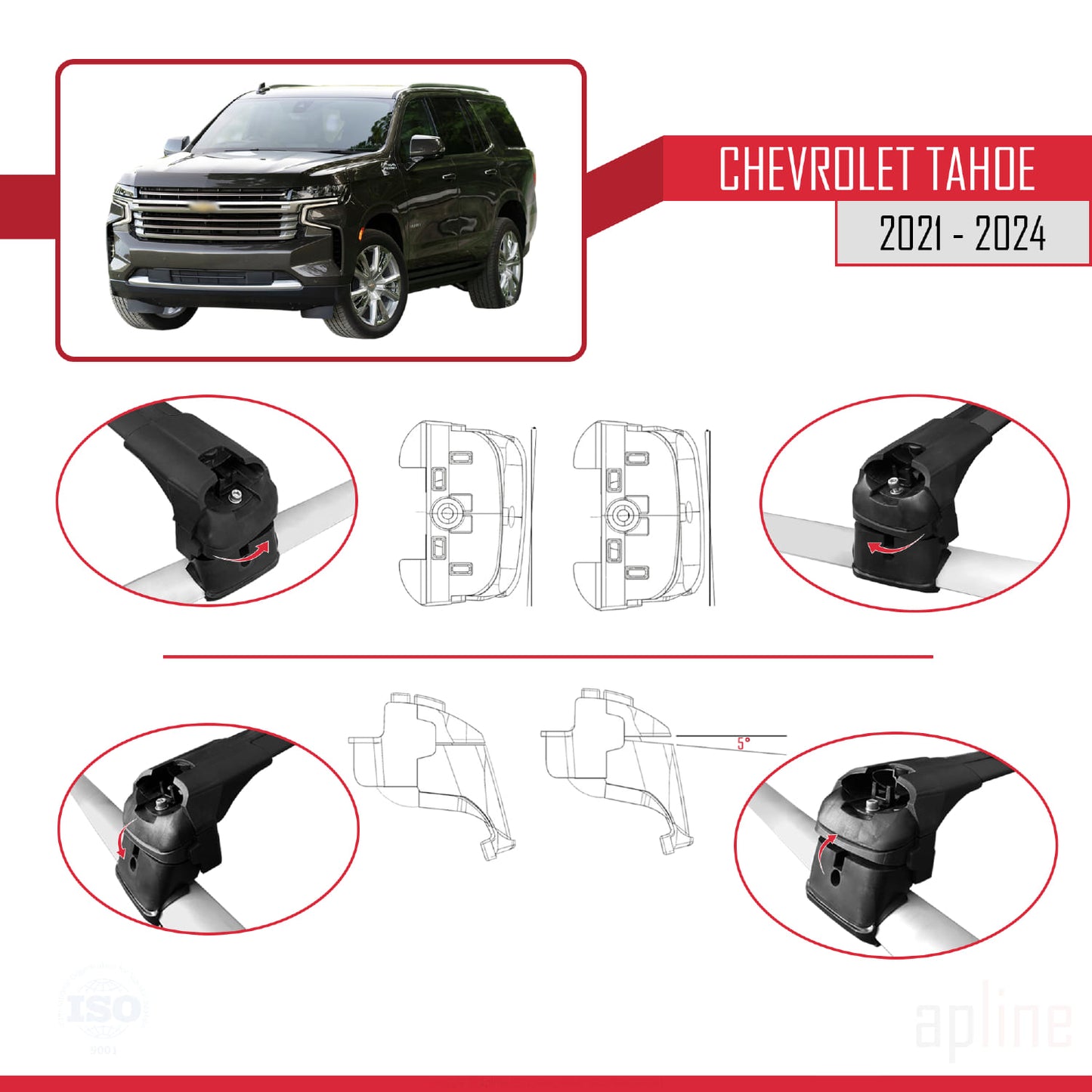 Compatible with Chevrolet Tahoe 2021-2024 ACE-2 Car Roof Rack Cross Bar Black Aluminium 2 Bars