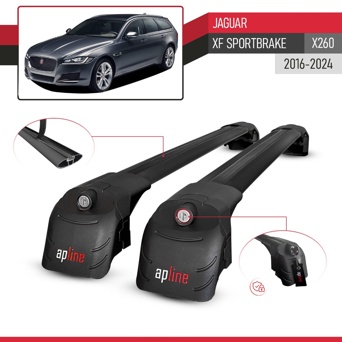 Compatible with Jaguar XF Sportbrake (X260) 2016-2024 ACE-2 Model Car Roof Rack Cross Bar Black Aluminium 2 Bars