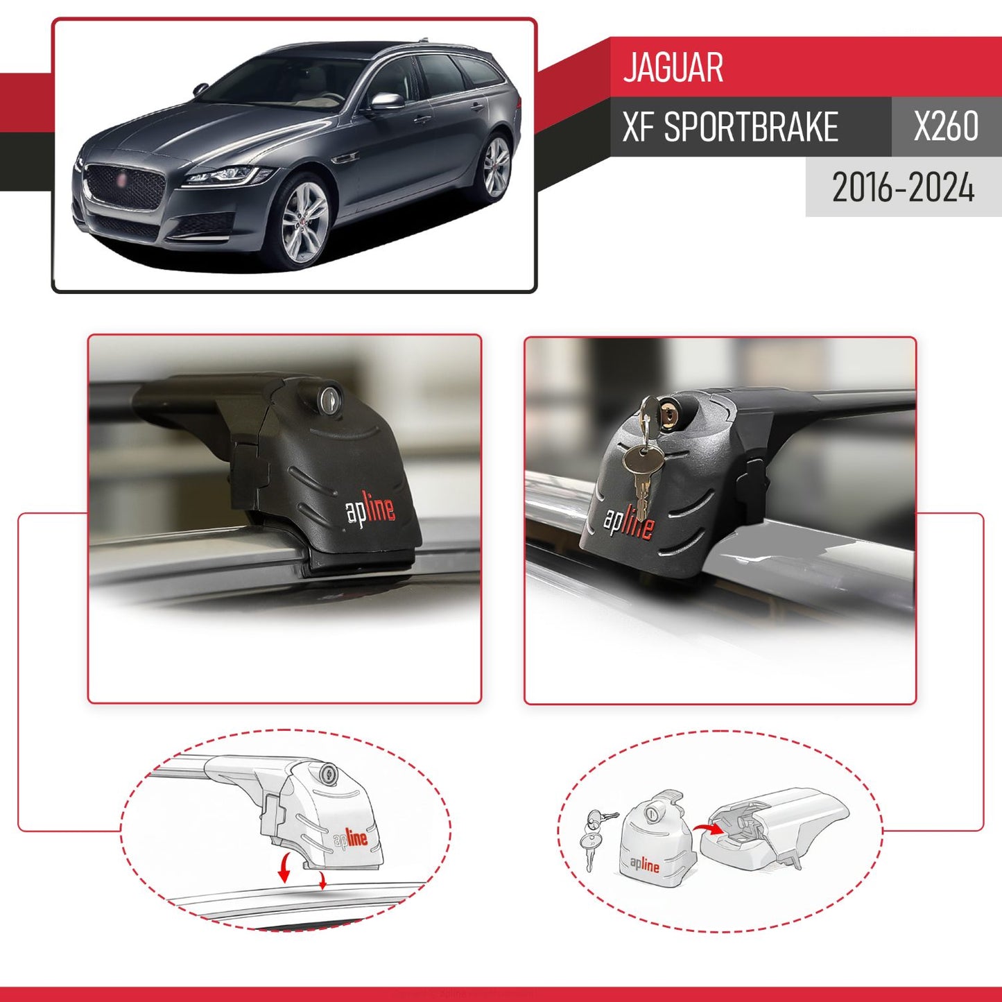 Compatible with Jaguar XF Sportbrake (X260) 2016-2024 ACE-2 Model Car Roof Rack Cross Bar Black Aluminium 2 Bars
