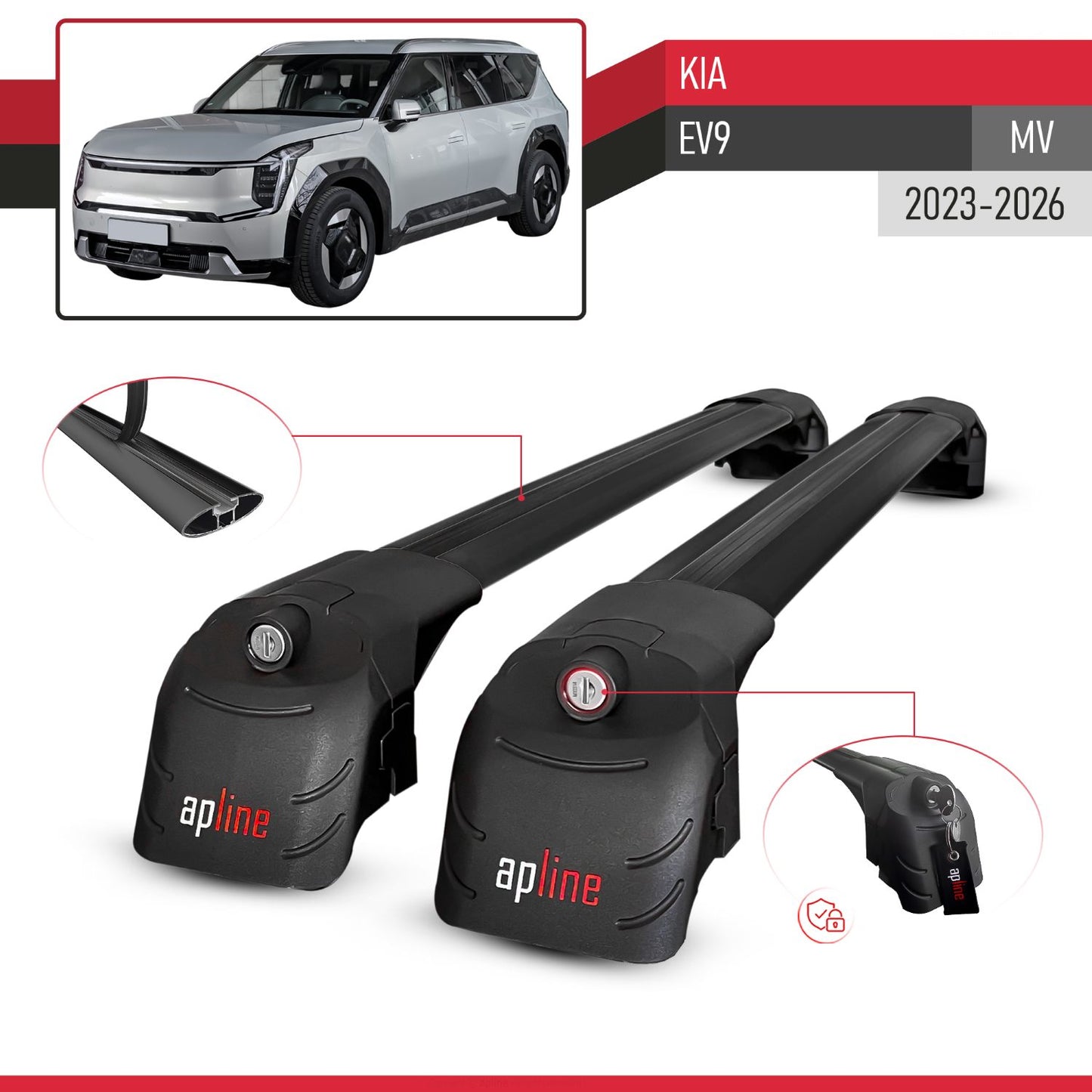 Compatible with Kia EV9 (MV) 2023-2026 ACE-2 Model Car Roof Rack Cross Bar Black Aluminium 2 Bars