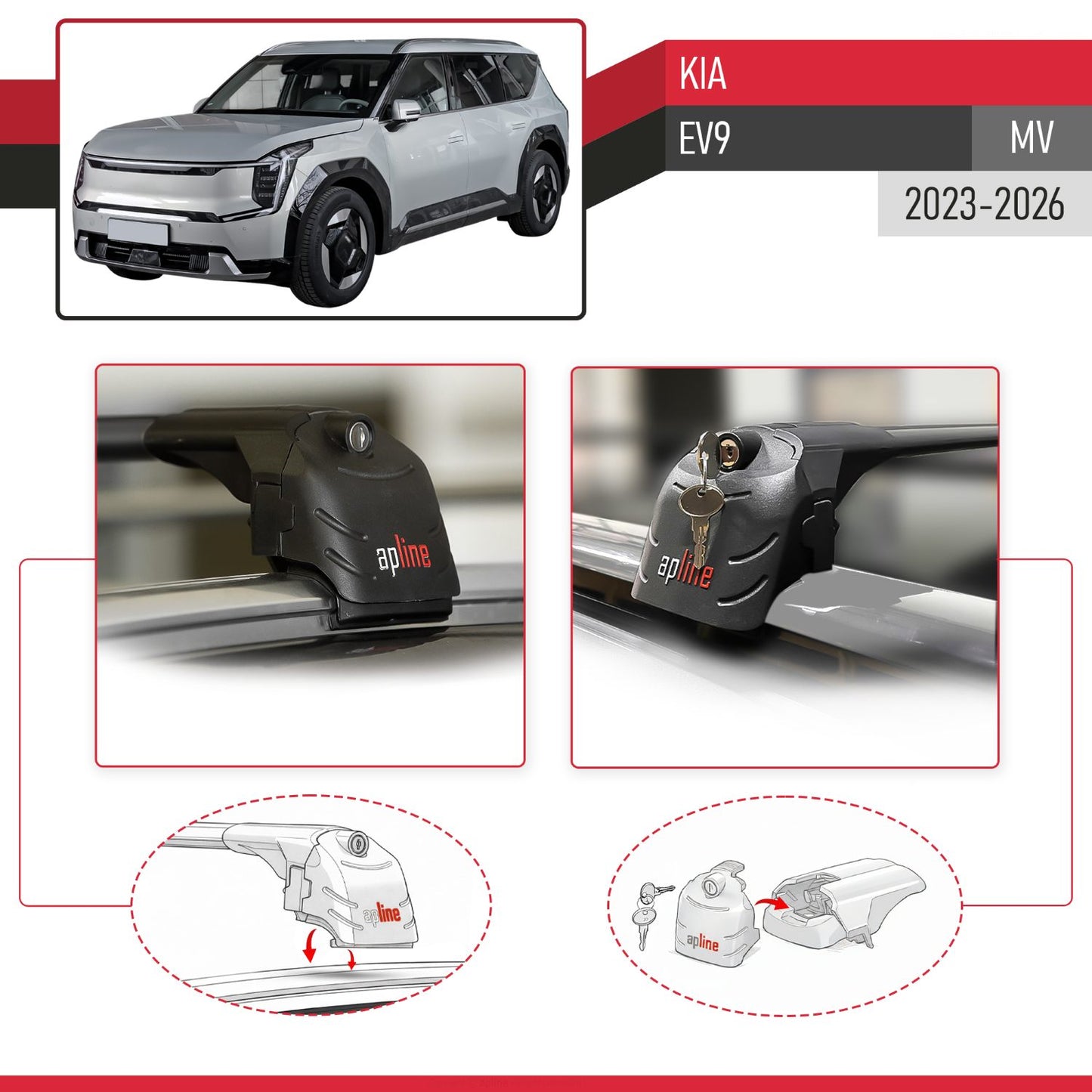 Compatible with Kia EV9 (MV) 2023-2026 ACE-2 Model Car Roof Rack Cross Bar Black Aluminium 2 Bars