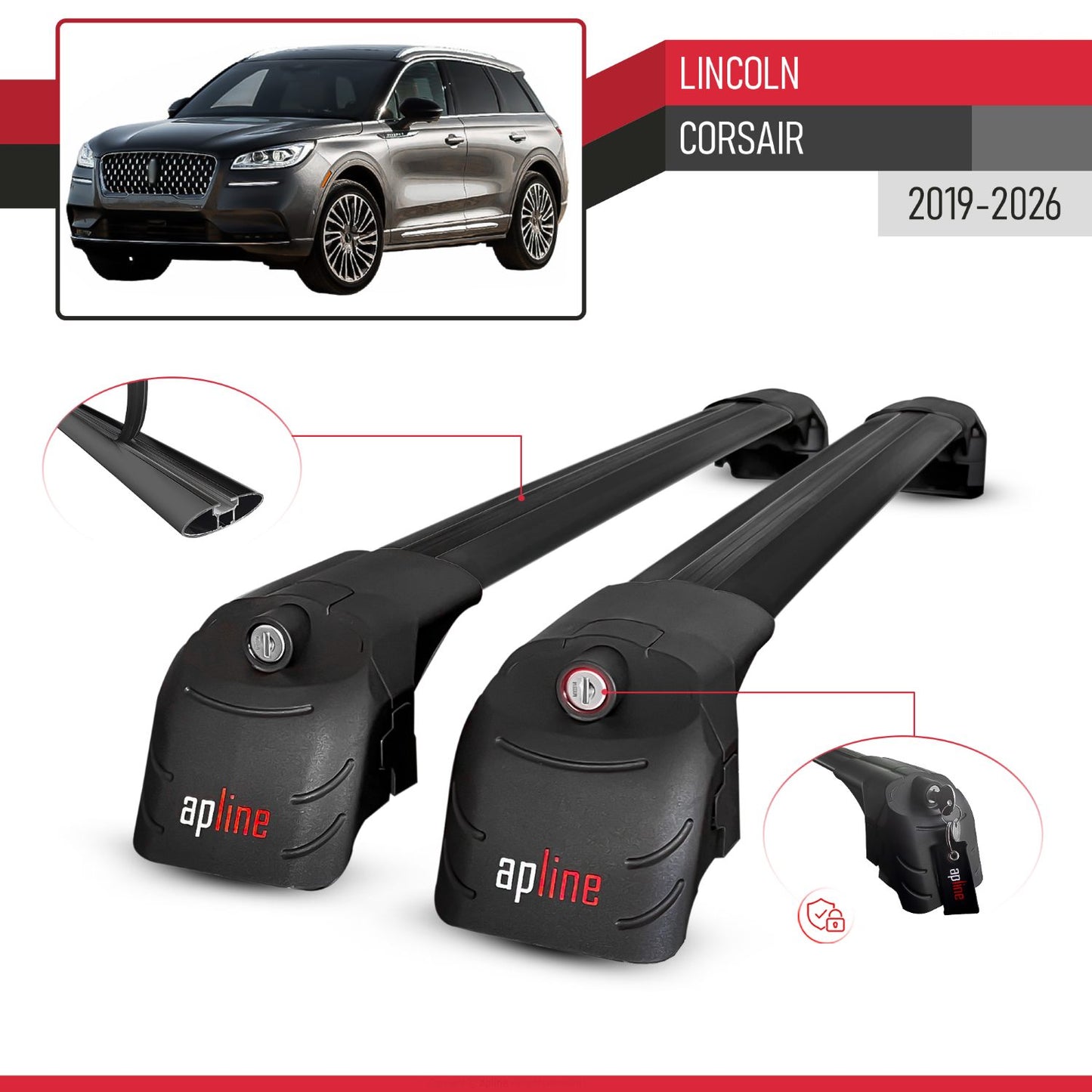 Compatible with Lincoln Corsair 2019-2026 ACE-2 Model Car Roof Rack Cross Bar Black Aluminium 2 Bars