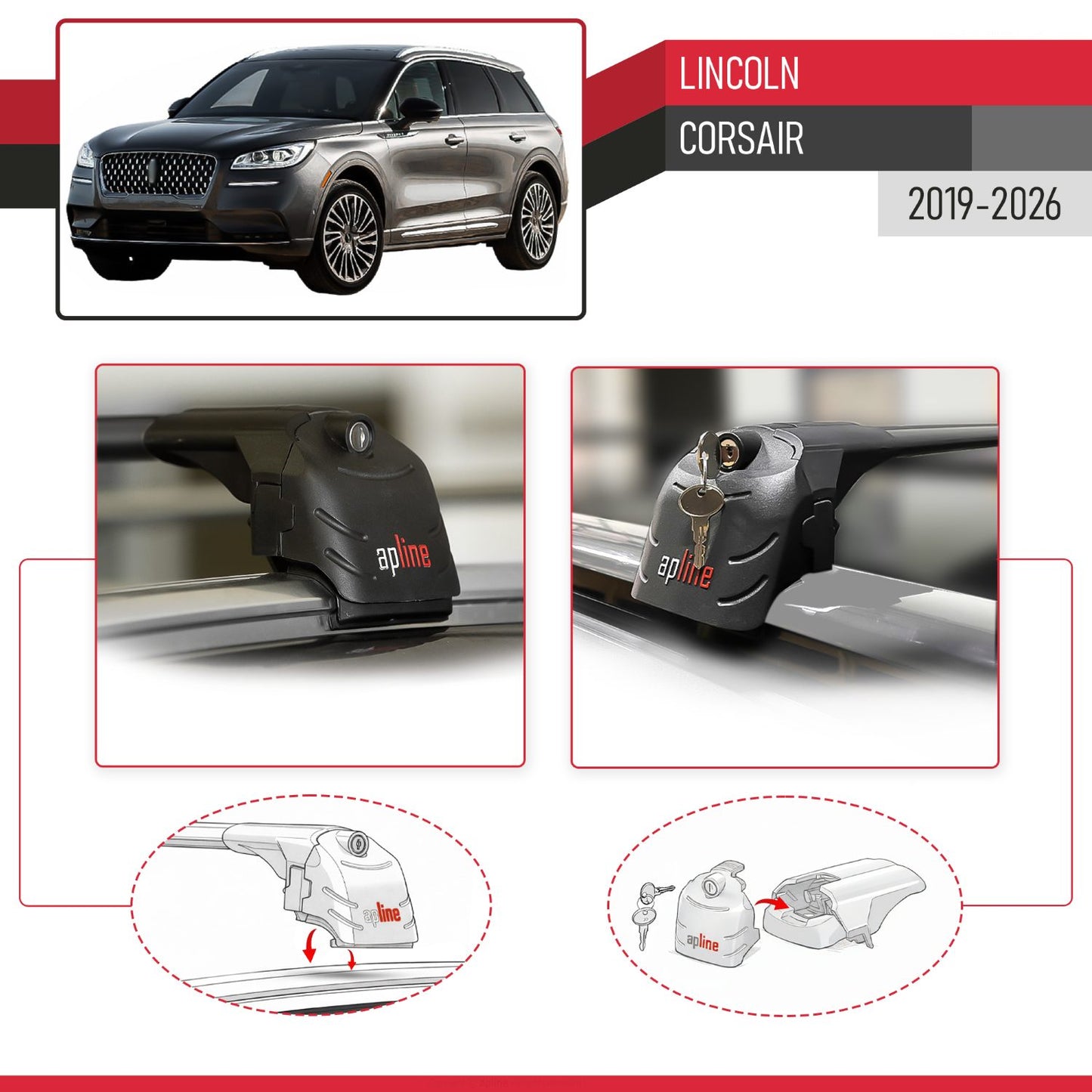 Compatible with Lincoln Corsair 2019-2026 ACE-2 Model Car Roof Rack Cross Bar Black Aluminium 2 Bars