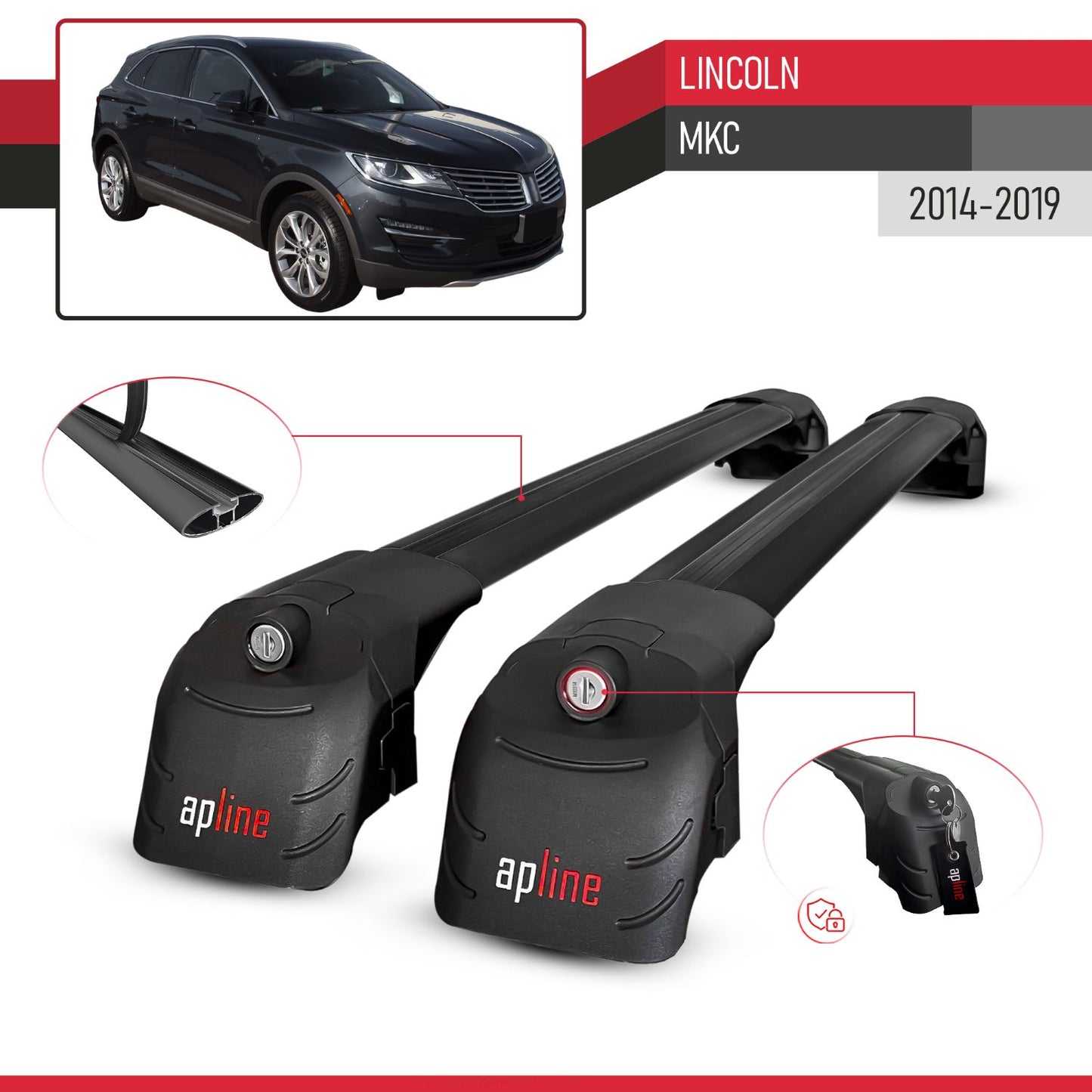 Compatible with Lincoln MKC 2014-2019 ACE-2 Model Car Roof Rack Cross Bar Black Aluminium 2 Bars